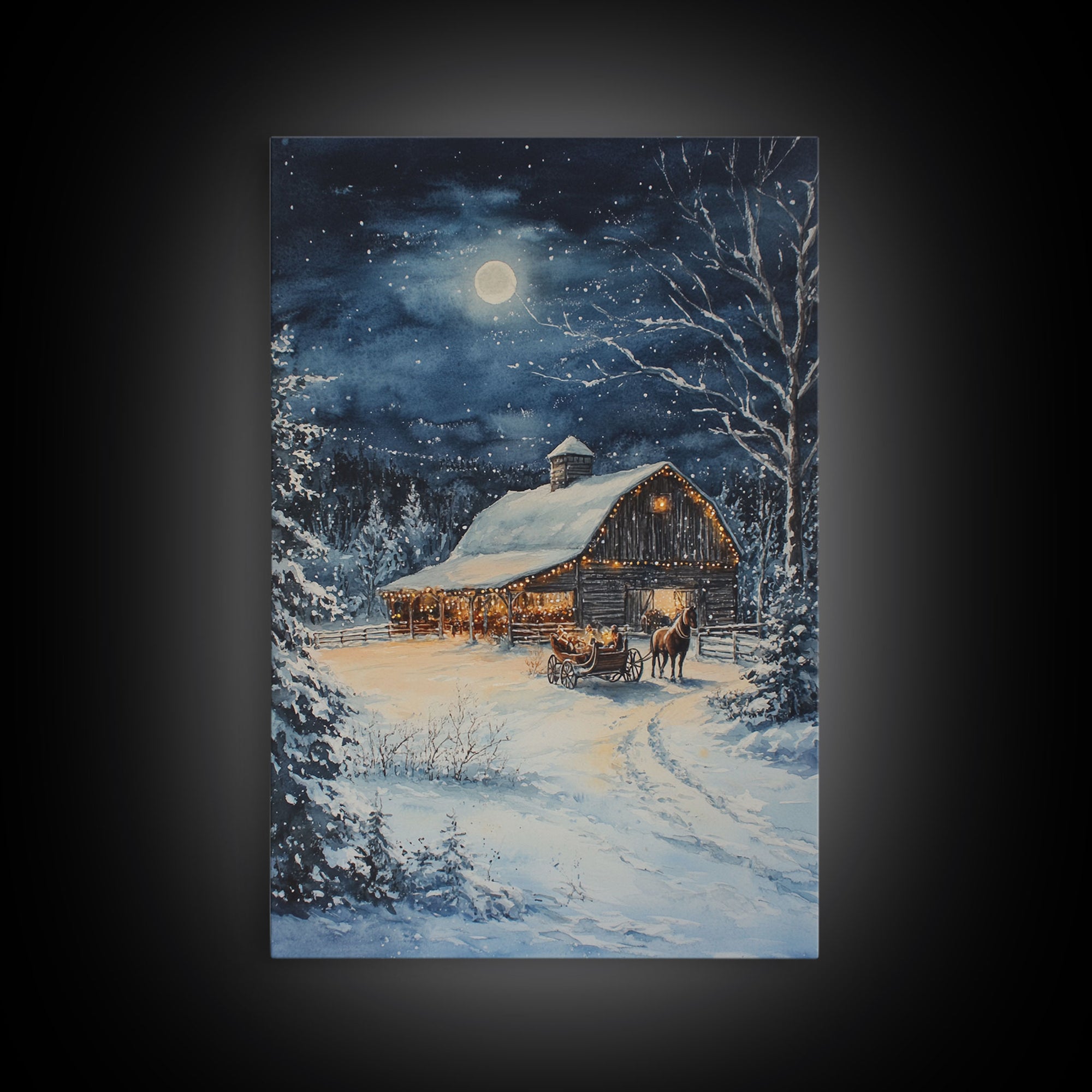 The Christmas Barn, Framed Canvas Print, Farmhouse Christmas Wall Art