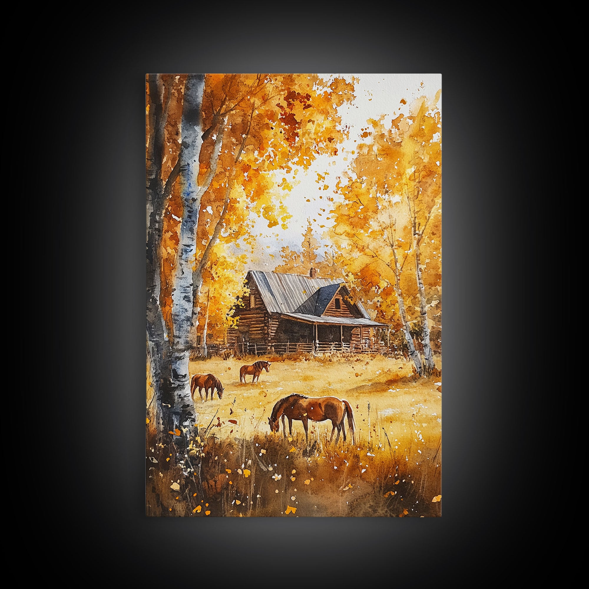 Log Cabin and Horses In The Fall, Wood Framed Wall Art, Primitive Thanksgiving Home Decor, Living Room Art