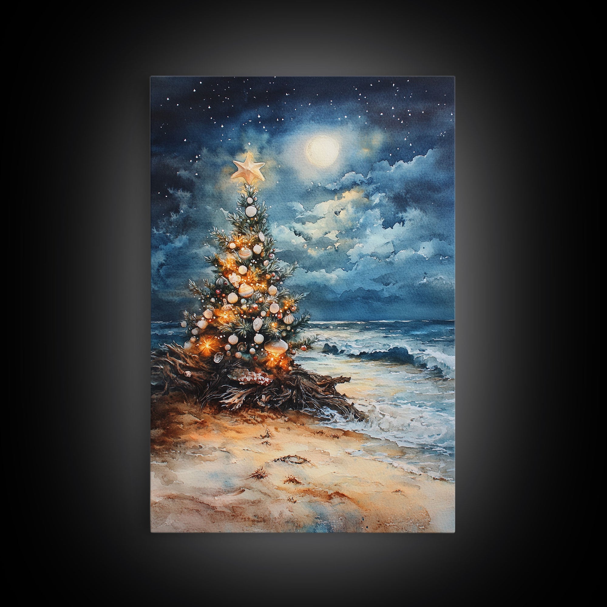 Christmas Tree On The Beach, Framed Canvas Print, gallery wall, Christmas Poster, Xmas Prints