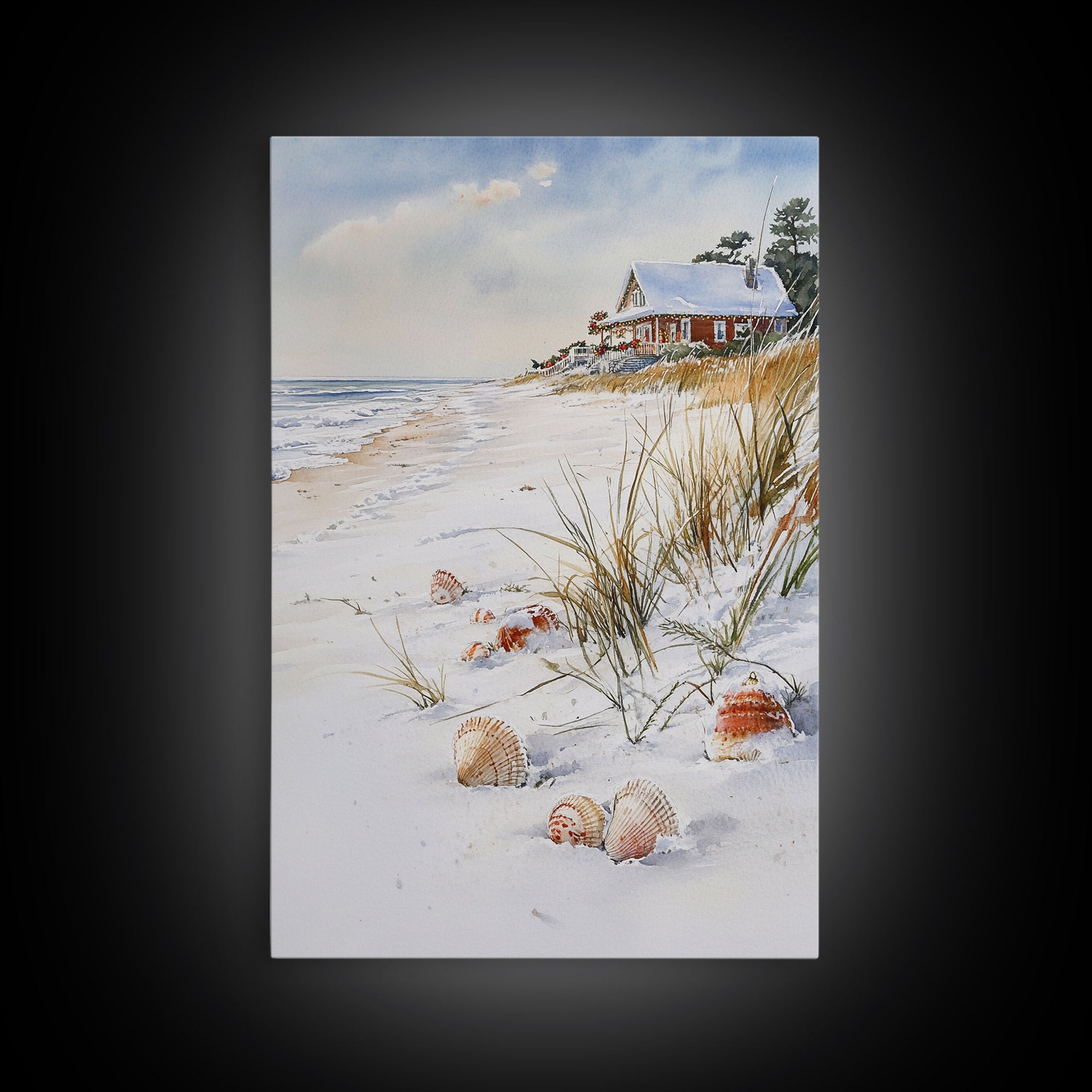 Christmas On A Snow Capped Beach, Wood Framed Wall Art, Rustic Christmas Decor, Tropical / nautical Christmas Art