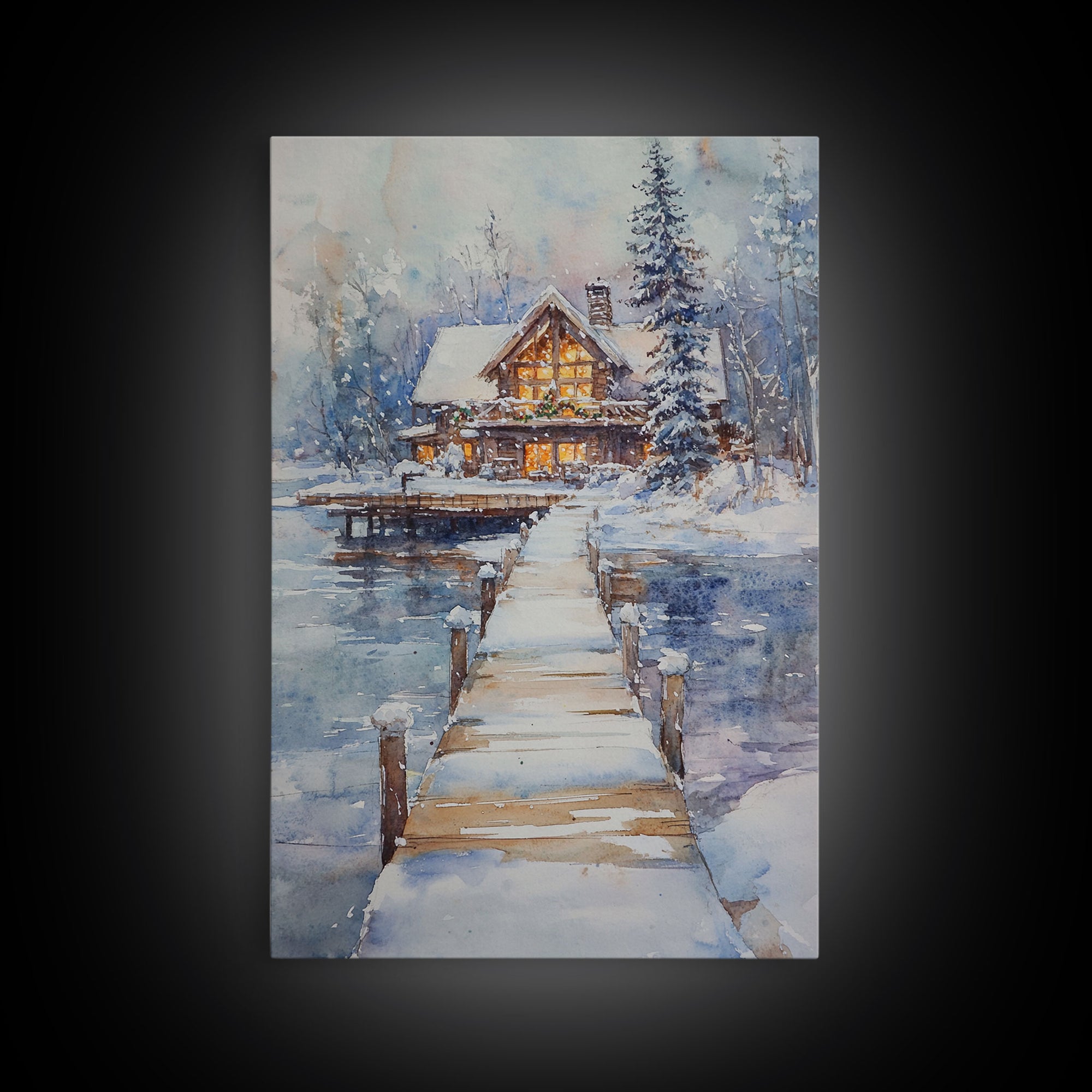 Christmas At The Lake, Framed Canvas Print, Wood Frame Lake House Decor, Winter Lakehouse Art