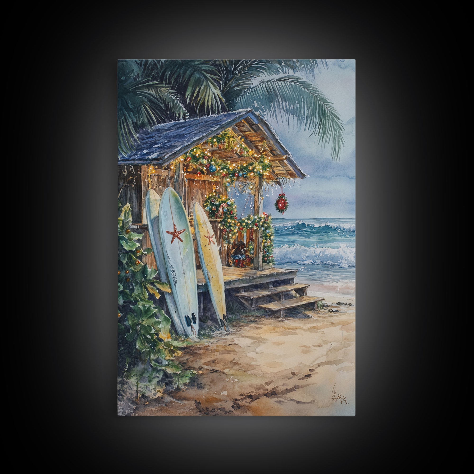 The Surf Shack at Christmas, Surfboard Art, Surfer Christmas Wall Decor, Framed Canvas Print, Cute Christmas Wall Art / Gift Idea