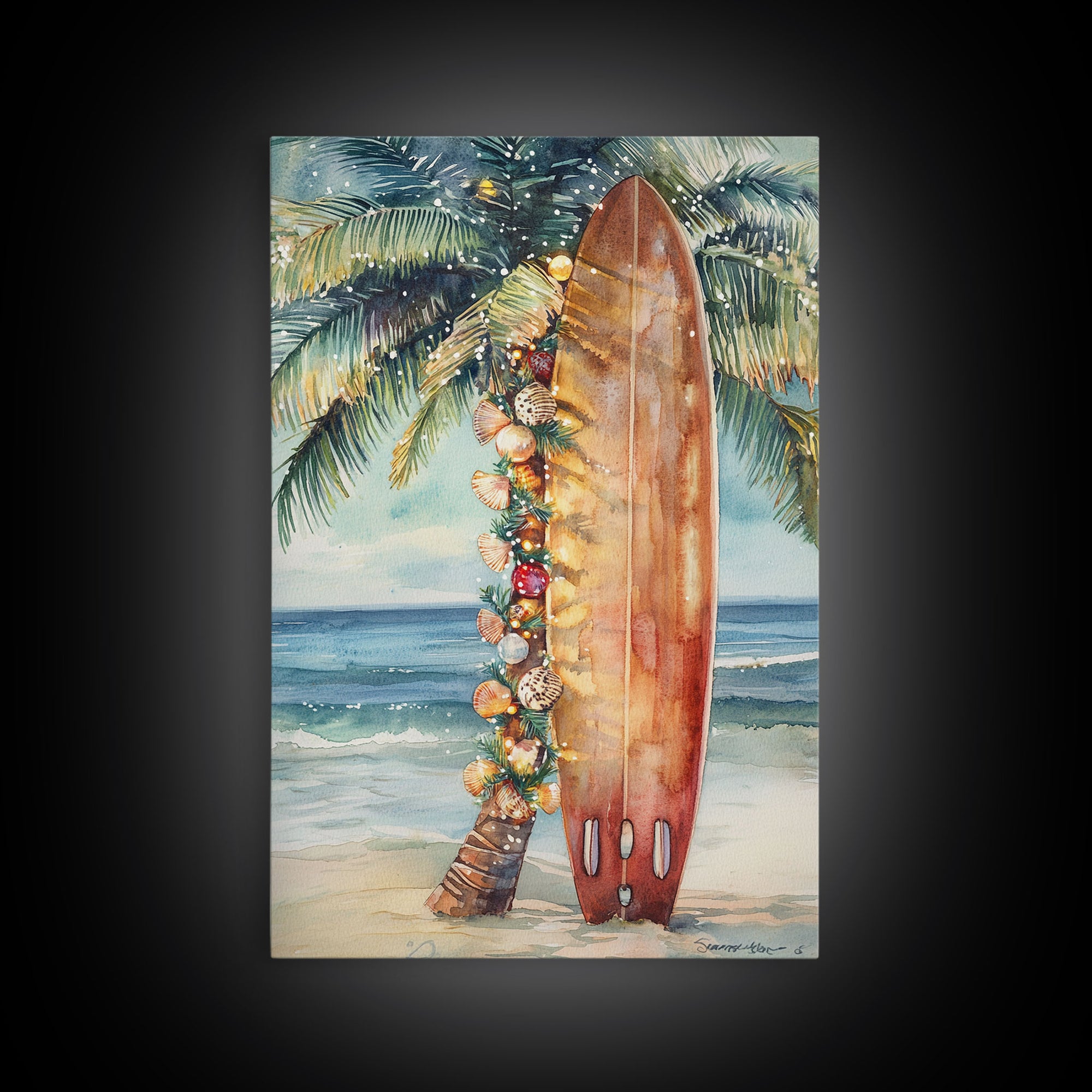 Surfboard Art Framed Canvas Print, Tropical Christmas Decor, Xmas Art, Christmas 2024 Gift Idea For Her