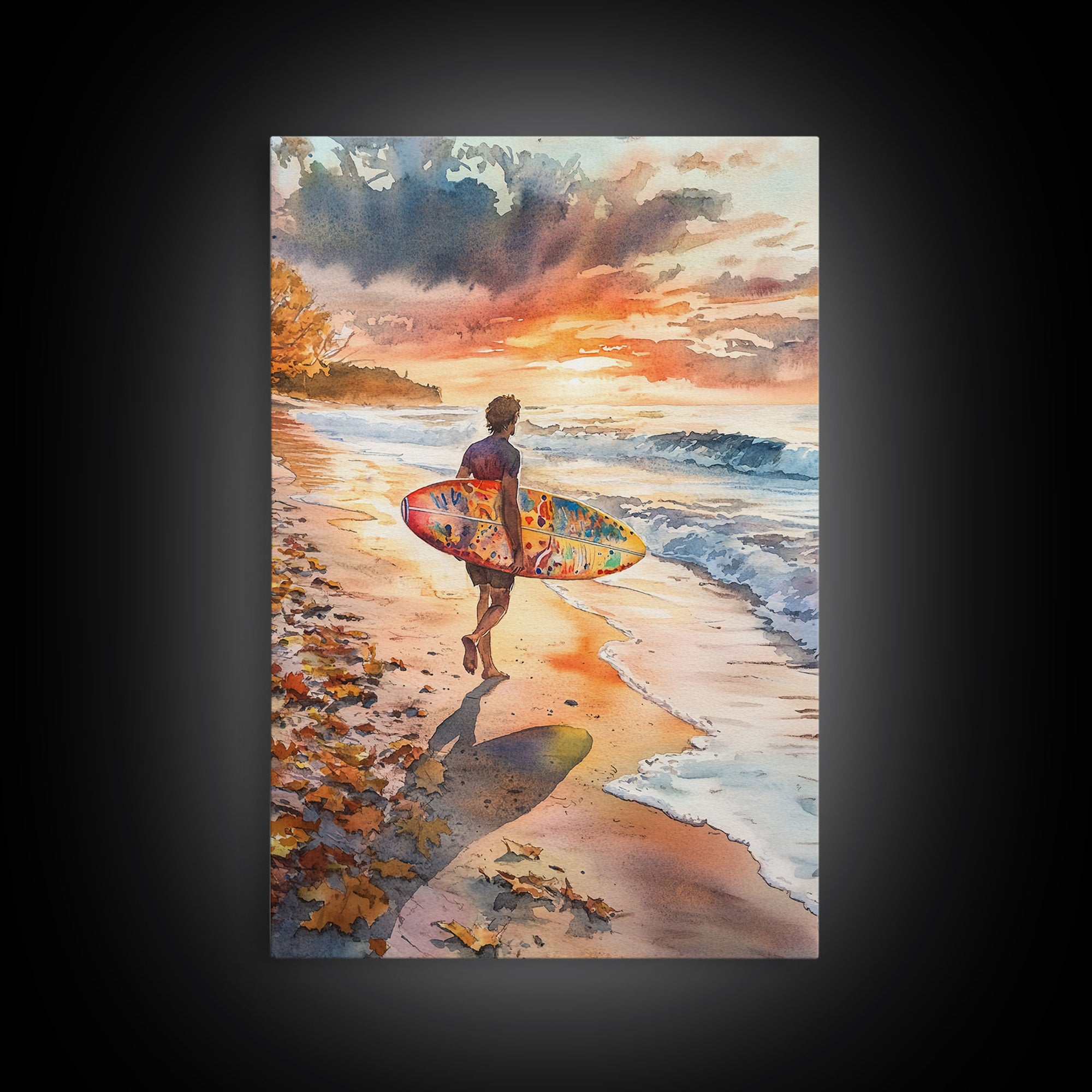 Tall Art Surfer Beach Walk At Sunset Framed Canvas Print Fall Coastal Wall Decor Best Gift Idea Holiday Wall Art Christmas Beach Art