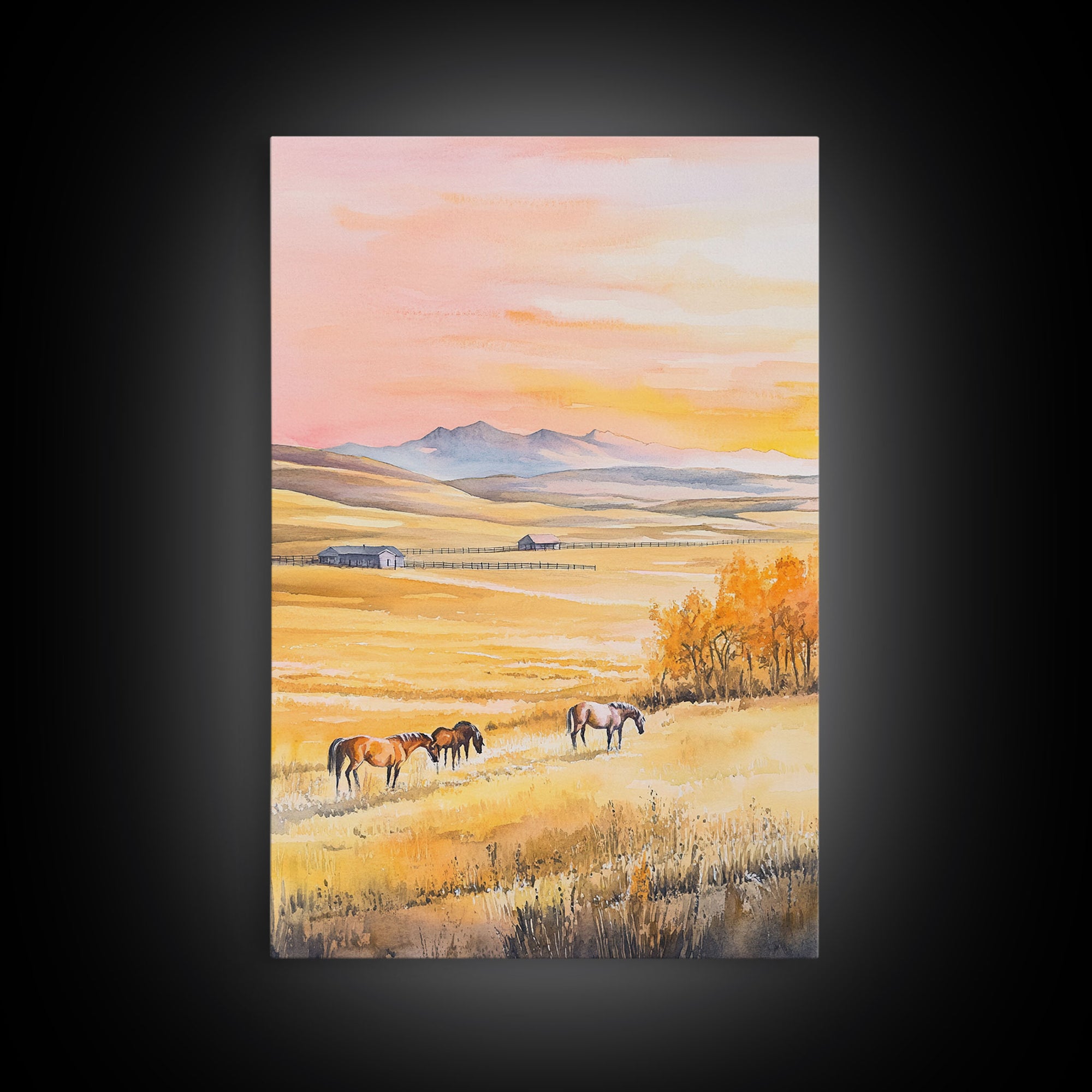 Horses Grazing In Golden Fields Framed Canvas Print Autumn Country Landscape Best Gift Holiday Wall Art Farmhouse Christmas Decor