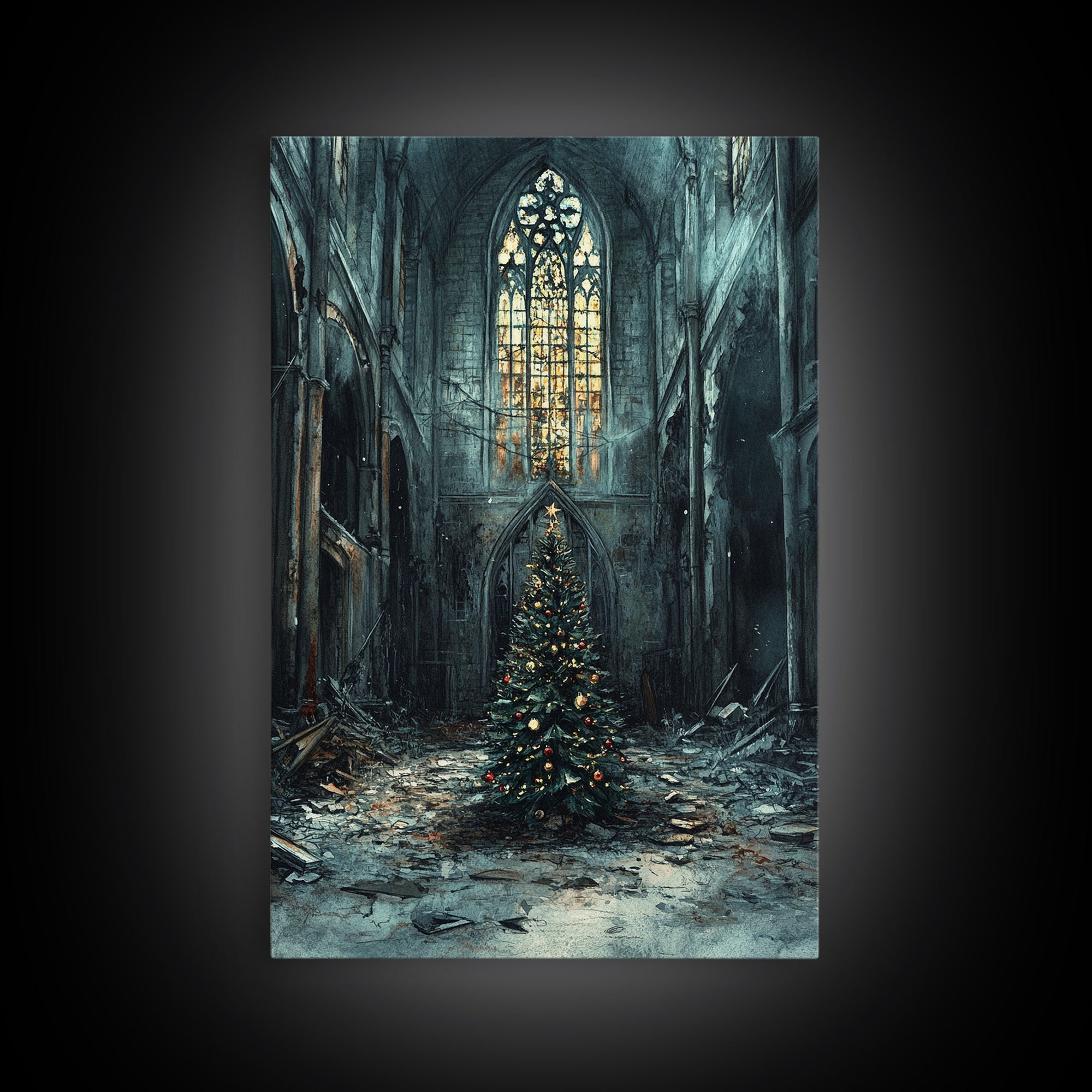 Moody Landscape Gothic Cathedral Christmas Tree Framed Canvas Print Christian Christmas Art Gift Rustic Holiday Wall Art Home Decor