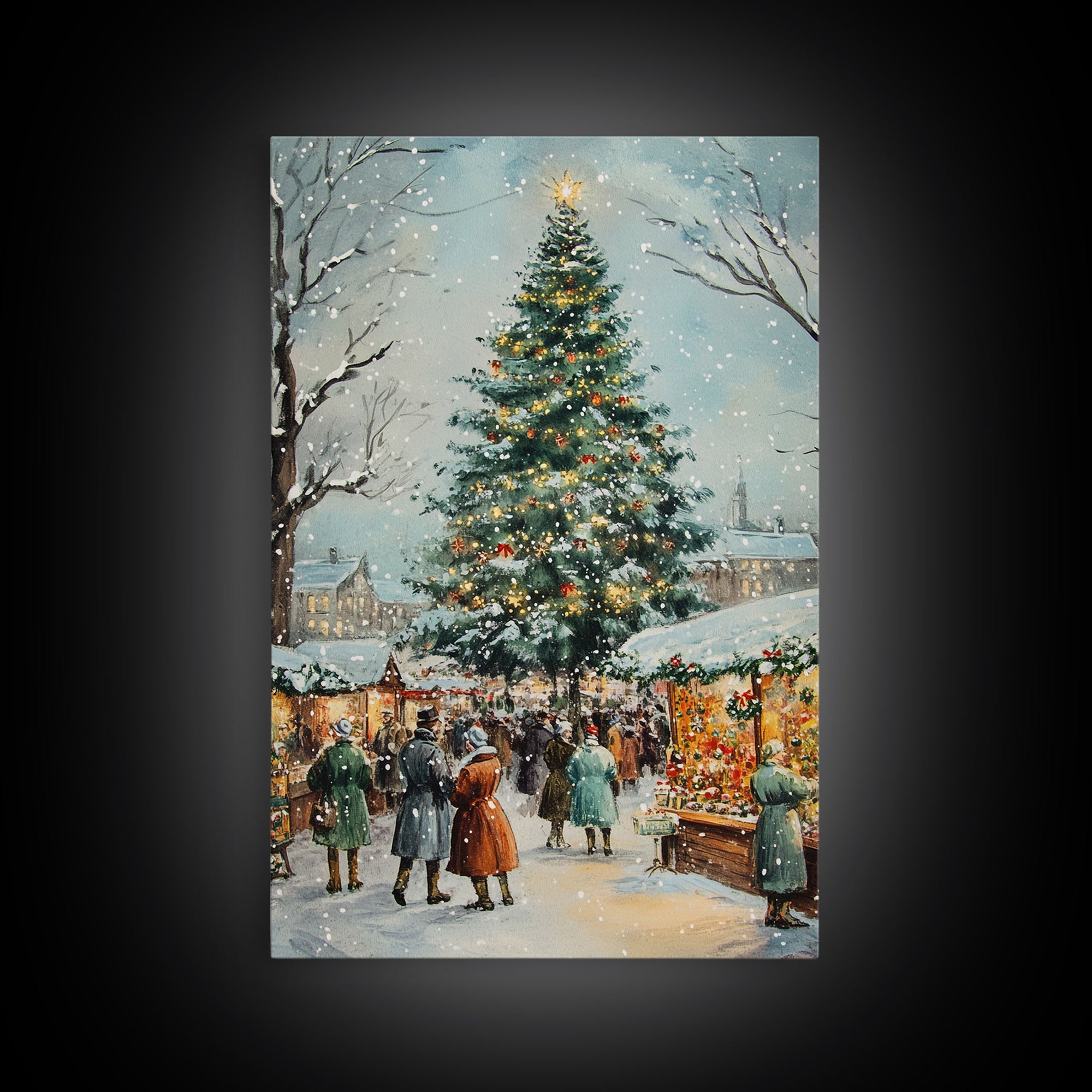 Snowy Christmas Market with Decorated Stalls and Large Holiday Tree, Framed Canvas Print for Vintage Christmas Wall Decor