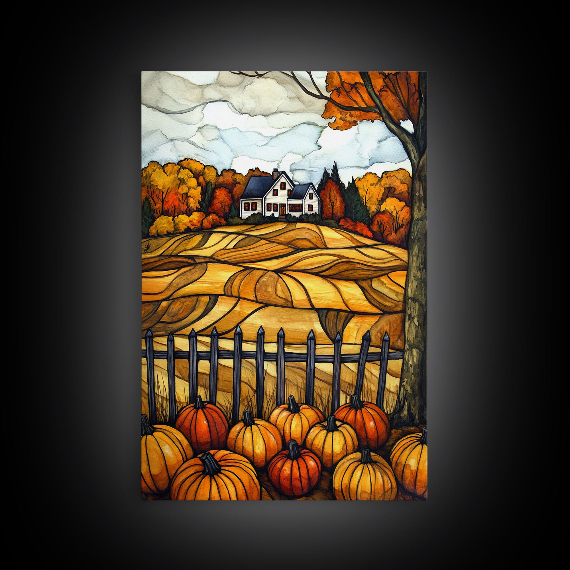 Cozy Fall Farmhouse With Pumpkins Framed Canvas Print Autumn Wall Art Country Farmhouse Decor Best Gift Idea Above Sofa Seasonal Art