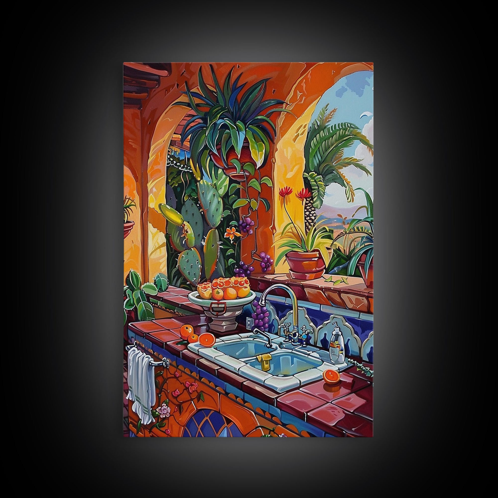 Vibrant Mexican Kitchen With Cactus And Fruit Framed Canvas Print Southwestern Art Best Gift Home Decor Bright Interior Wall Art