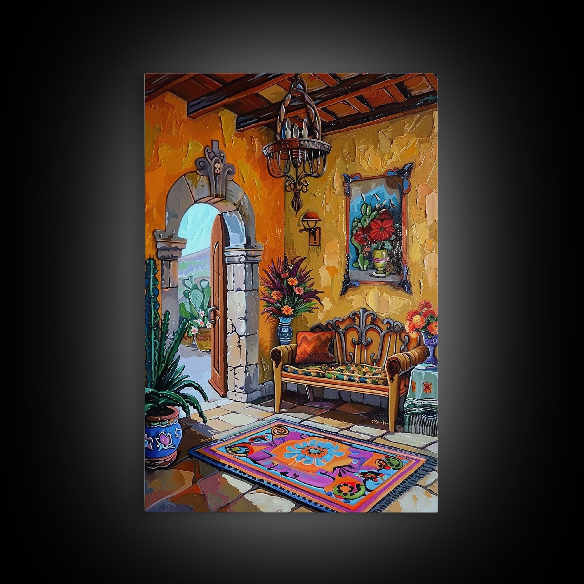 Vibrant Spanish Courtyard Framed Canvas Print Colorful Home Decor Best Gift Bright Seasonal Wall Art Mediterranean Patio Above Sofa Art