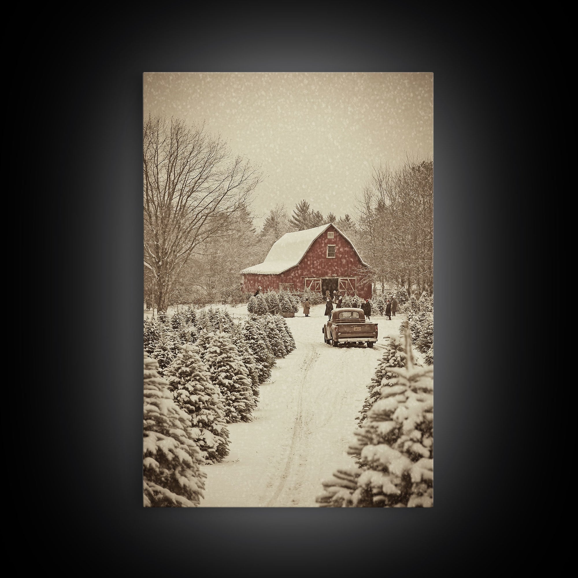 Snowy Farmhouse Christmas Scene with Red Barn and Vintage Truck, Perfect for Framed Canvas Print and Rustic Christmas Wall Art