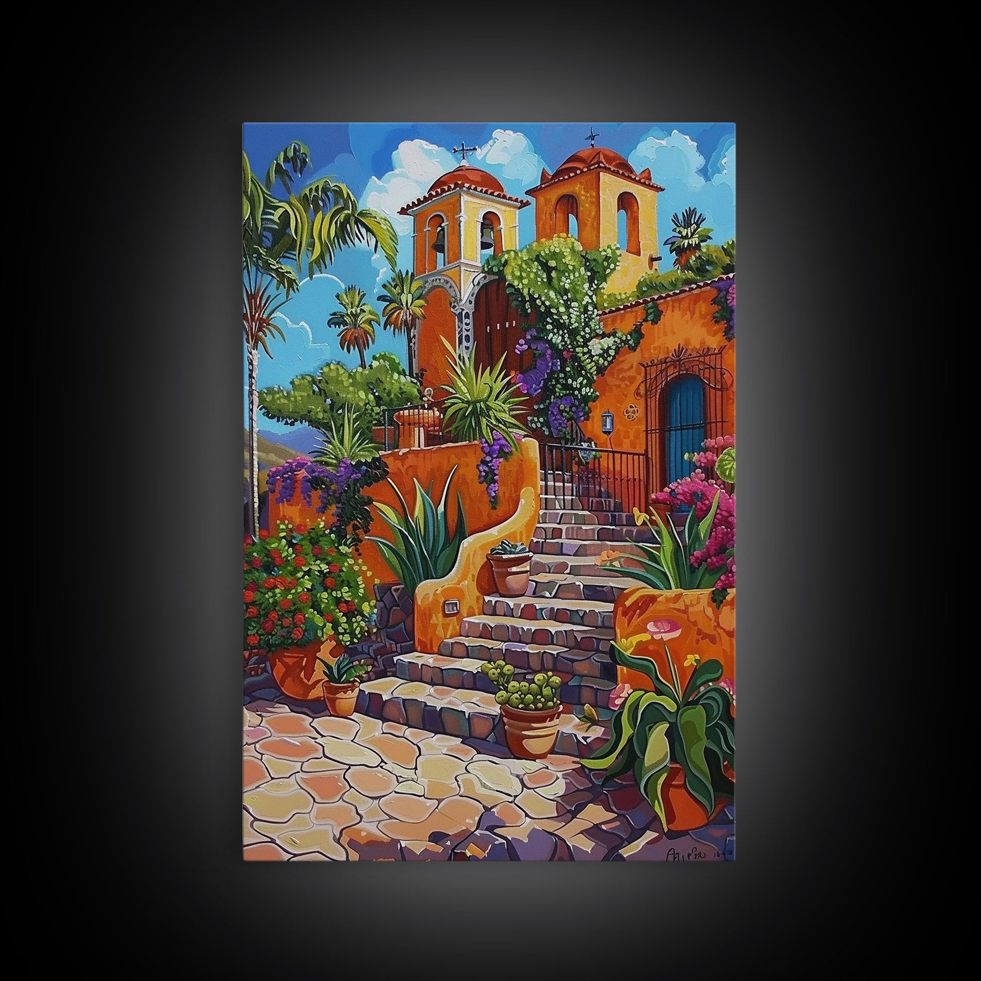 Spanish Mission With Palm Trees And Flowers Framed Canvas Print Colorful Home Decor Best Gift Bright Seasonal Art Above Sofa Wall Art