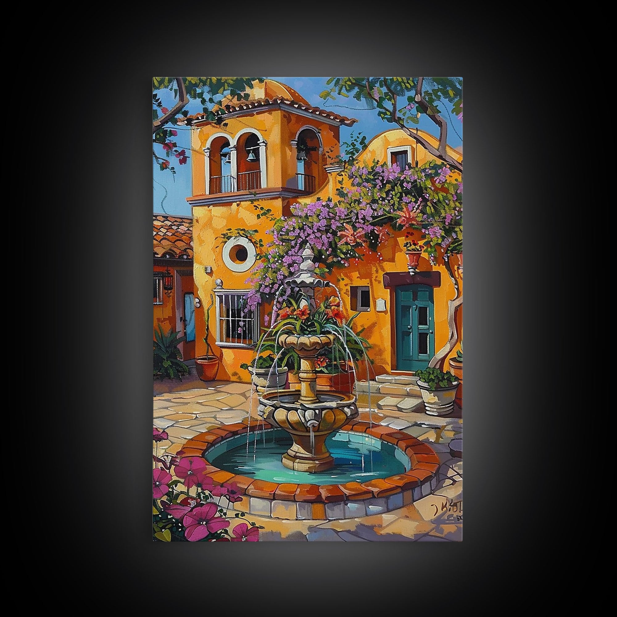 Tall Art Framed Canvas Print Featuring Mexican Style Courtyard Fountain And Vibrant Architecture