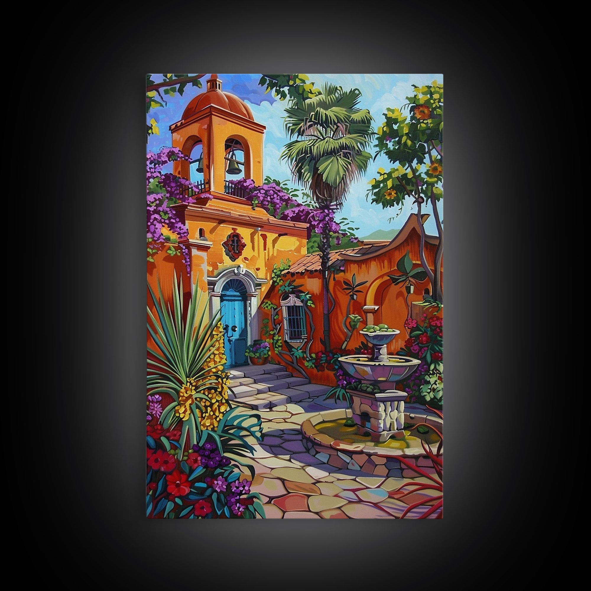 Vibrant Mexican Style Architecture Framed Canvas Print Tall Art Featuring Colorful Homes And Nature