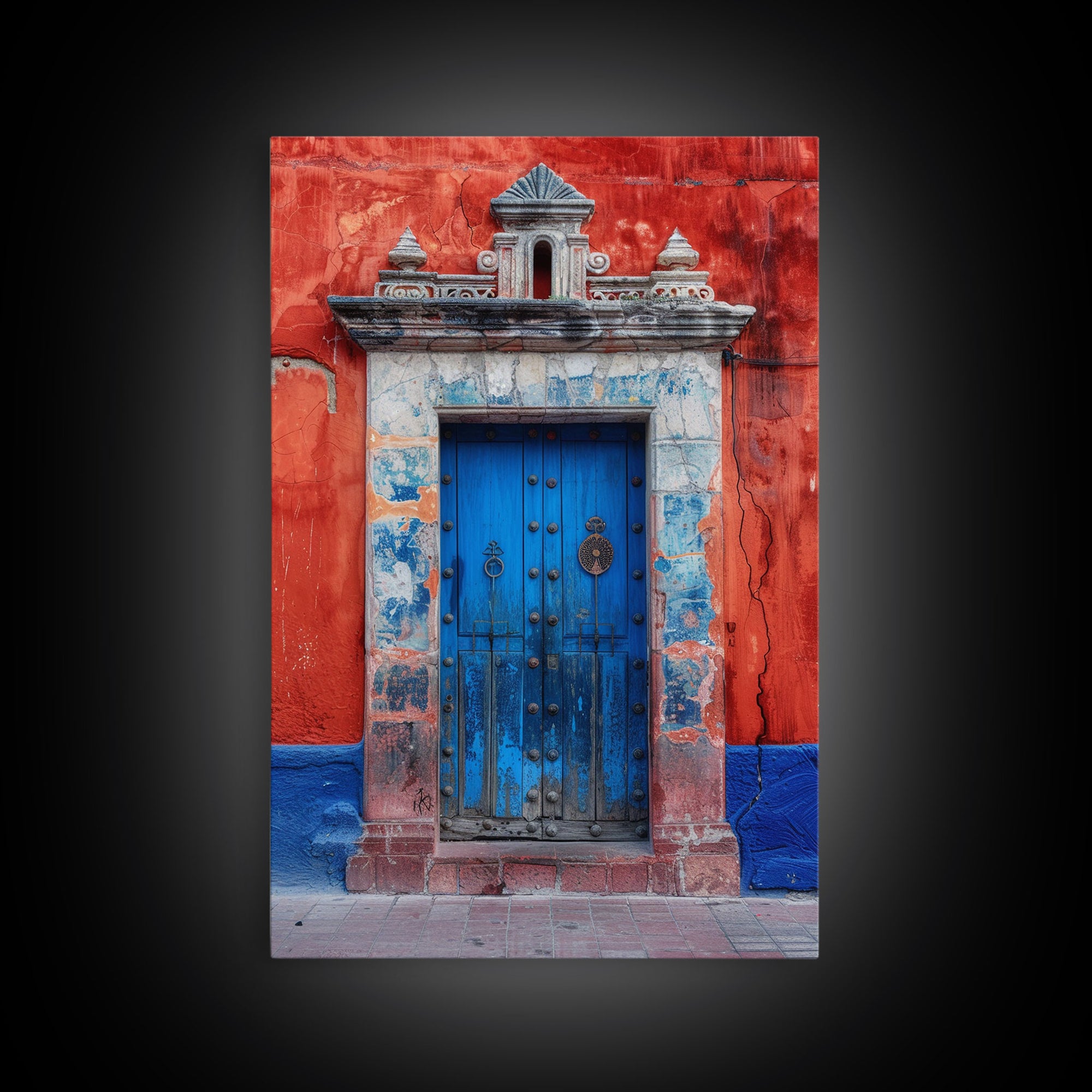 Tall Art Framed Canvas Print Of Mexican Style Blue Door And Red Walls With Vibrant Flowers