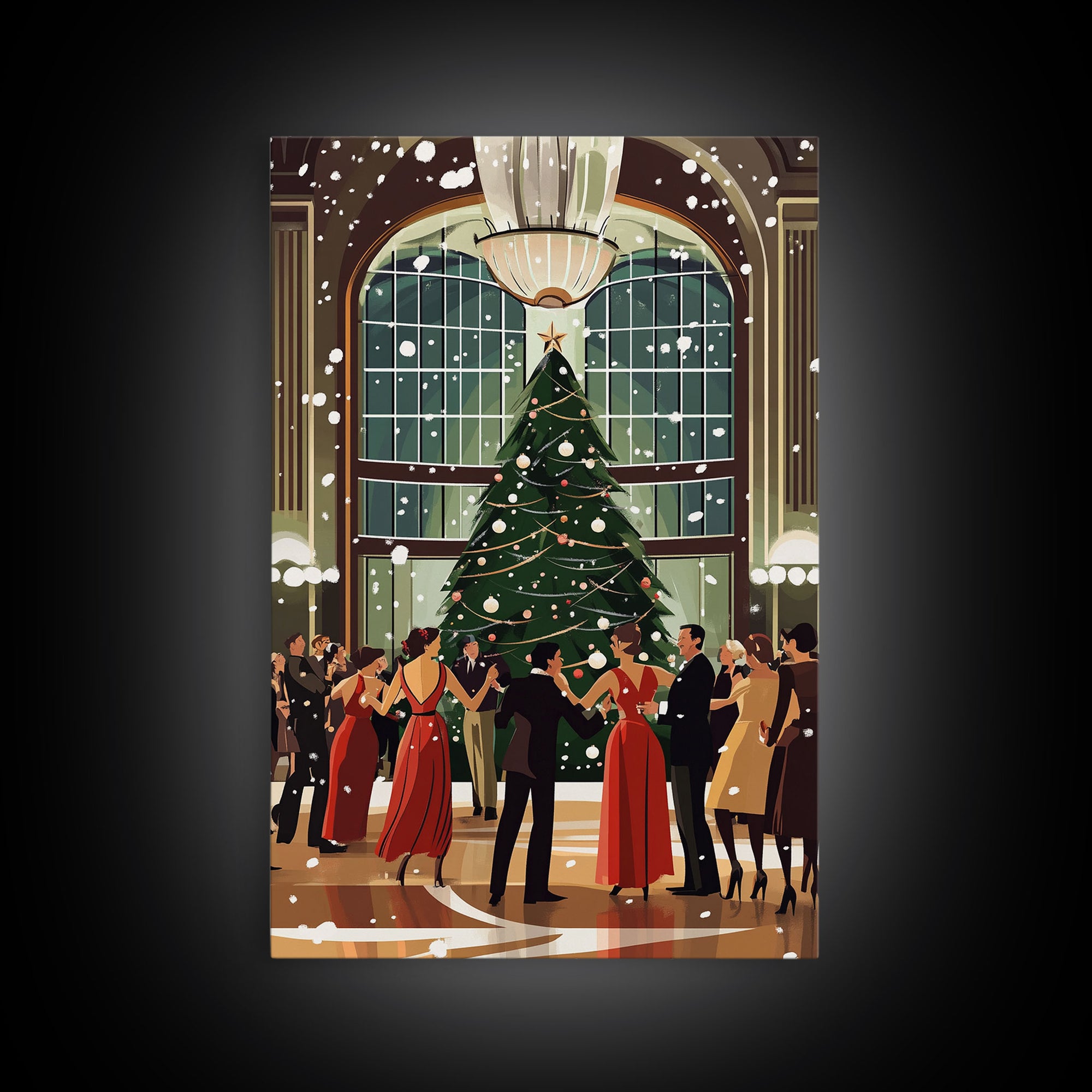 Vintage Christmas Dance in Grand Hall with Snow Falling and Large Decorated Christmas Tree, Ideal Holiday Art, Framed Canvas Print