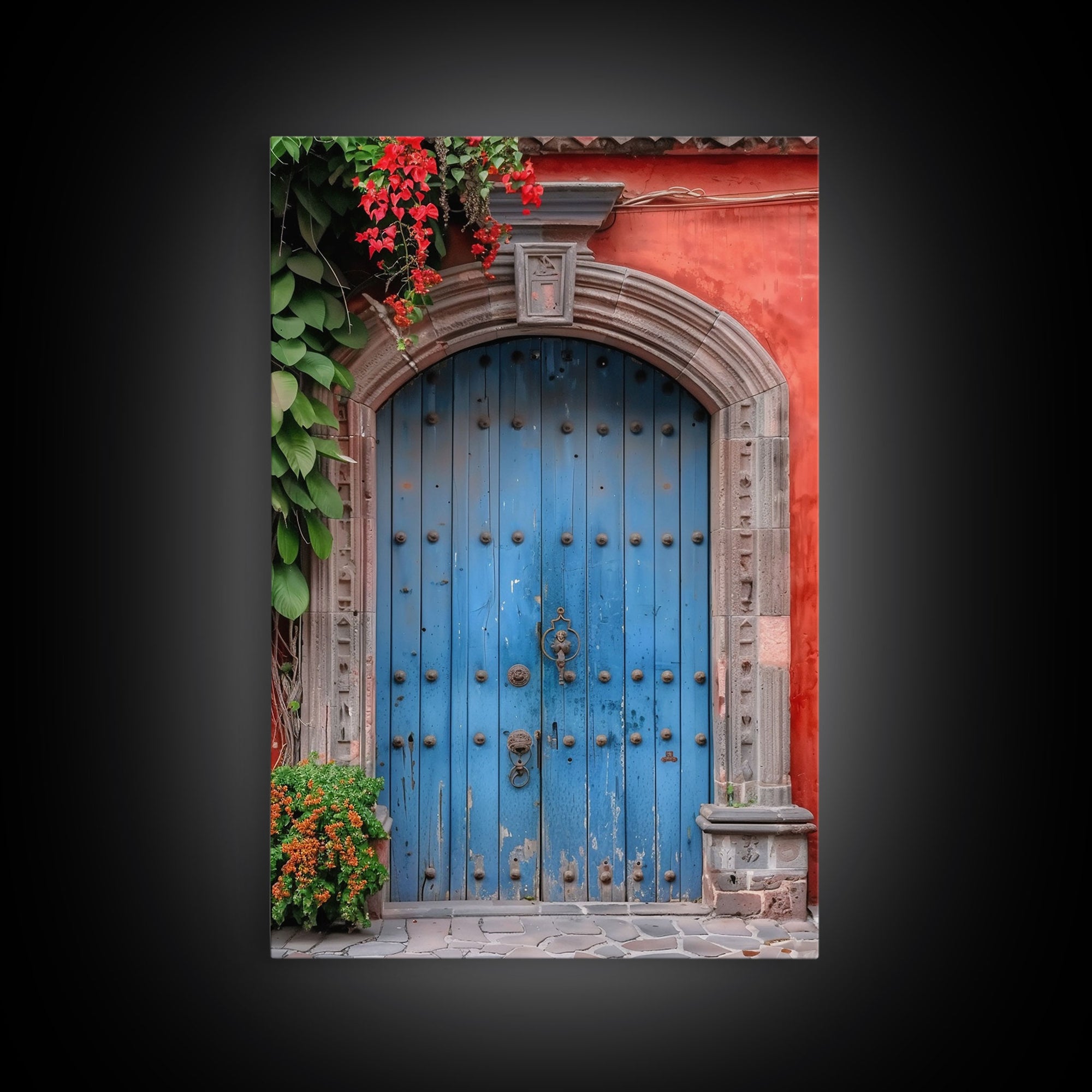 Traditional Mexican Style Rustic Blue Door Tall Art Framed Canvas Print Featuring Detailed Architecture