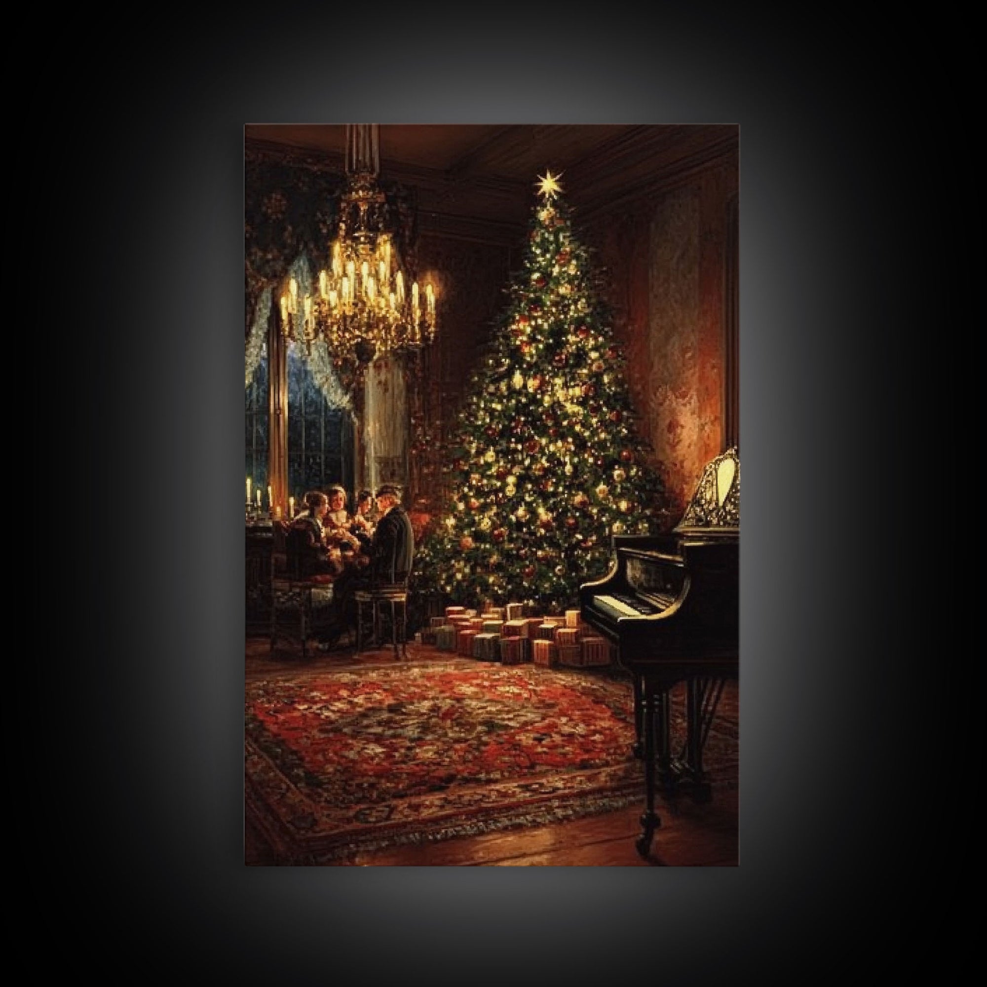 Vintage Victorian Christmas Tree Framed Canvas Print Tall Art With Grand Piano And Family Gathering, Elegant Christmas Wall Art Decor