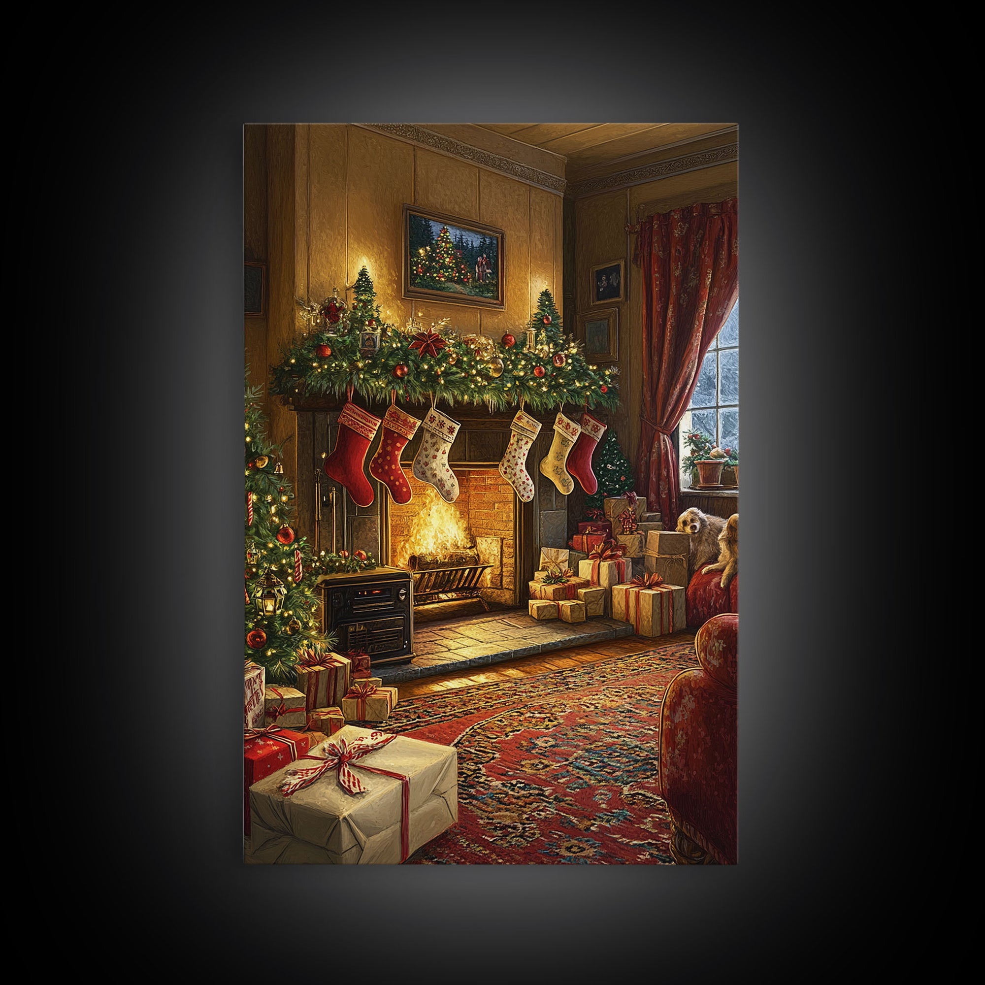 Cozy Christmas Mantle Decor Framed Canvas Print With Stockings Hanging And Presents By The Fire, Seasonal Holiday Wall Art Farmhouse Style