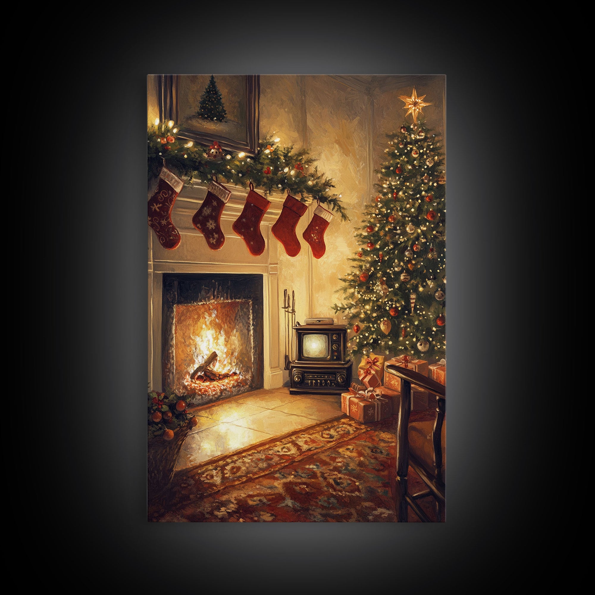 Nostalgic Christmas Living Room Scene Framed Canvas Print With Vintage Fireplace And Tree, Warm Holiday Wall Art Christmas Decor