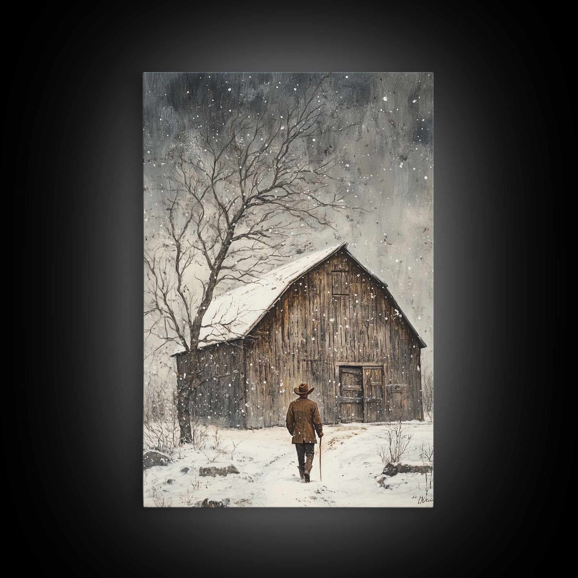 Winter Barn Snow Scene Framed Canvas Print - Moody Landscape Art Perfect Gift Idea 2024 Farmhouse Rustic Winter Wall Decor