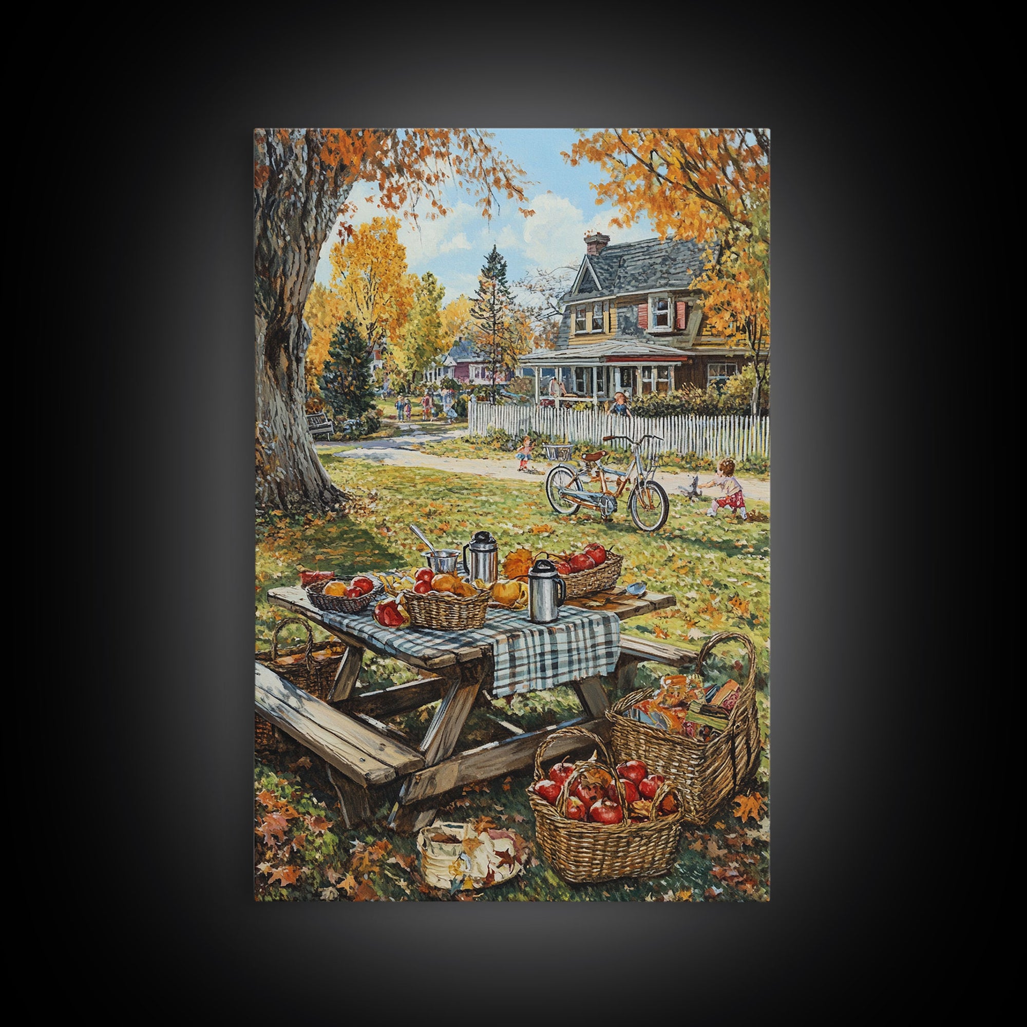 Autumn Picnic Outdoors Tall Art Framed Canvas Print With Basket Of Apples, Fall Scene Wall Art, Country Farmhouse Decor For Kitchen