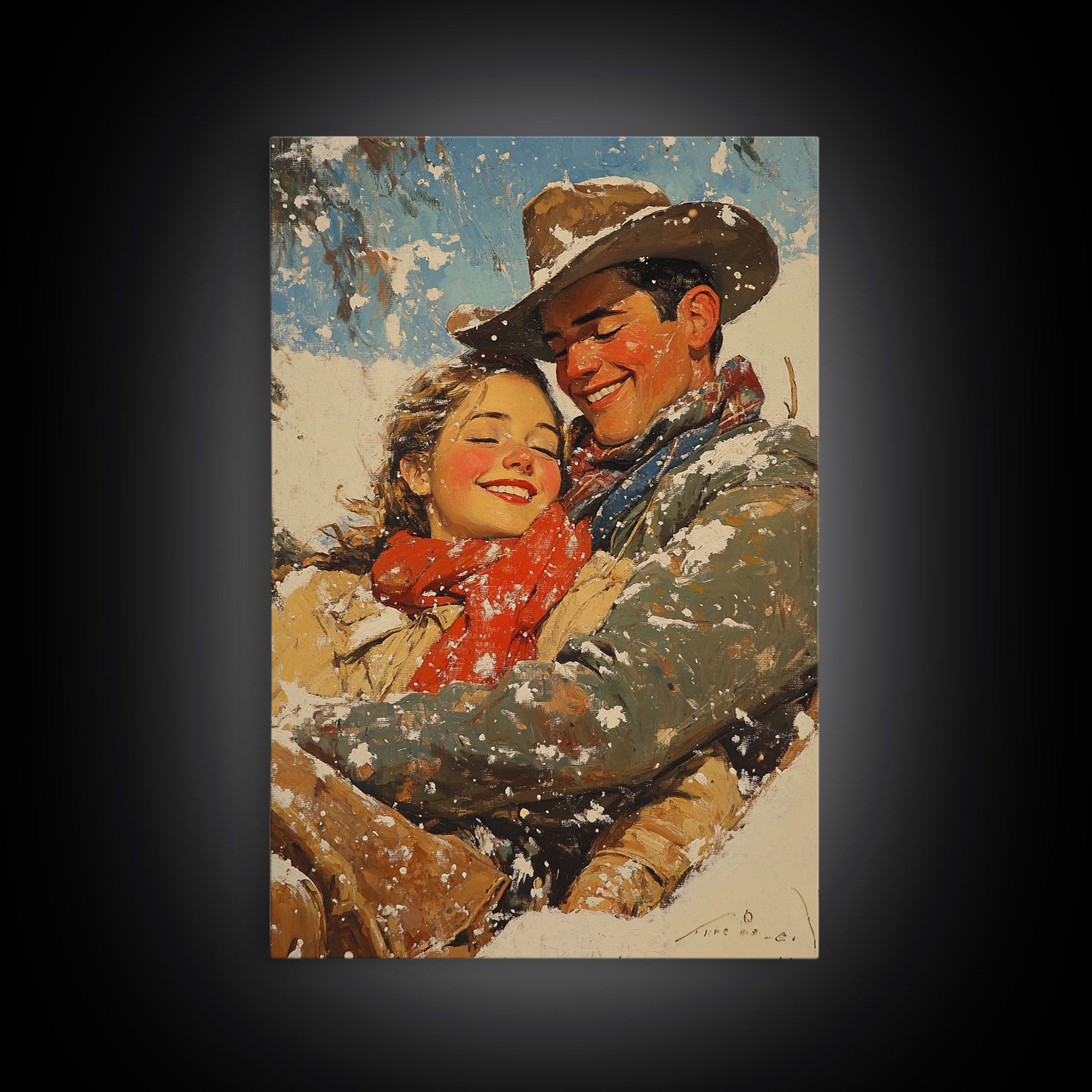 Snowy Couple Embrace Framed Canvas Print - Retro Christmas Art 2024 Holiday Home Decor Gift Idea for Cozy Winter Wall Art