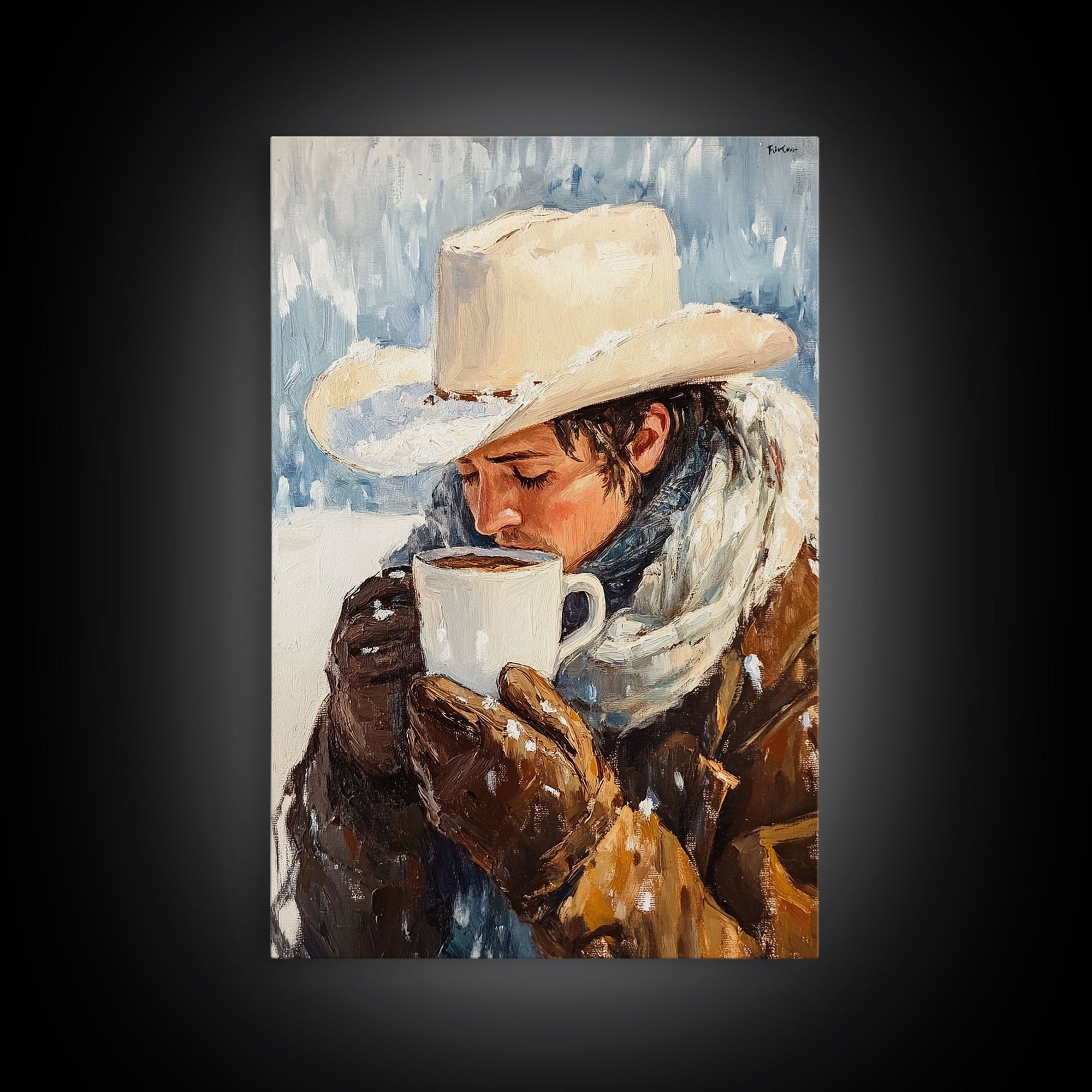 Cowboy Drinking Hot Cocoa Framed Canvas Print - Cozy Winter Wall Art 2024 Rustic Christmas Decor and Gift Idea