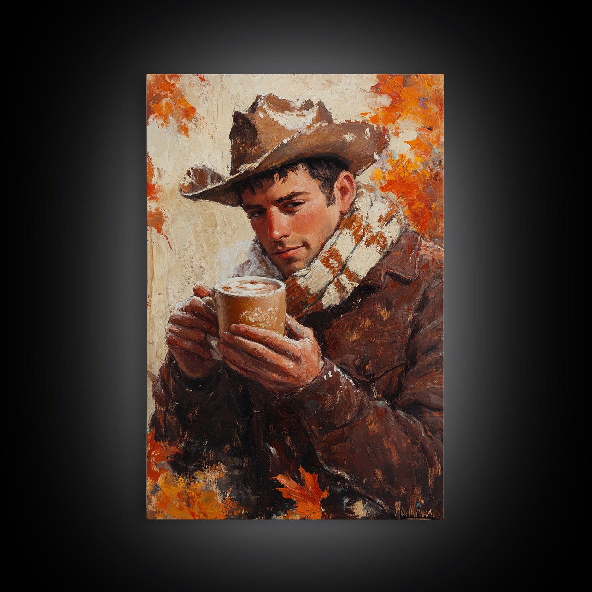 Cowboy with Coffee Mug in Autumn Framed Canvas Print - Fall Country Wall Art 2024 Rustic Home Decor and Gift Idea