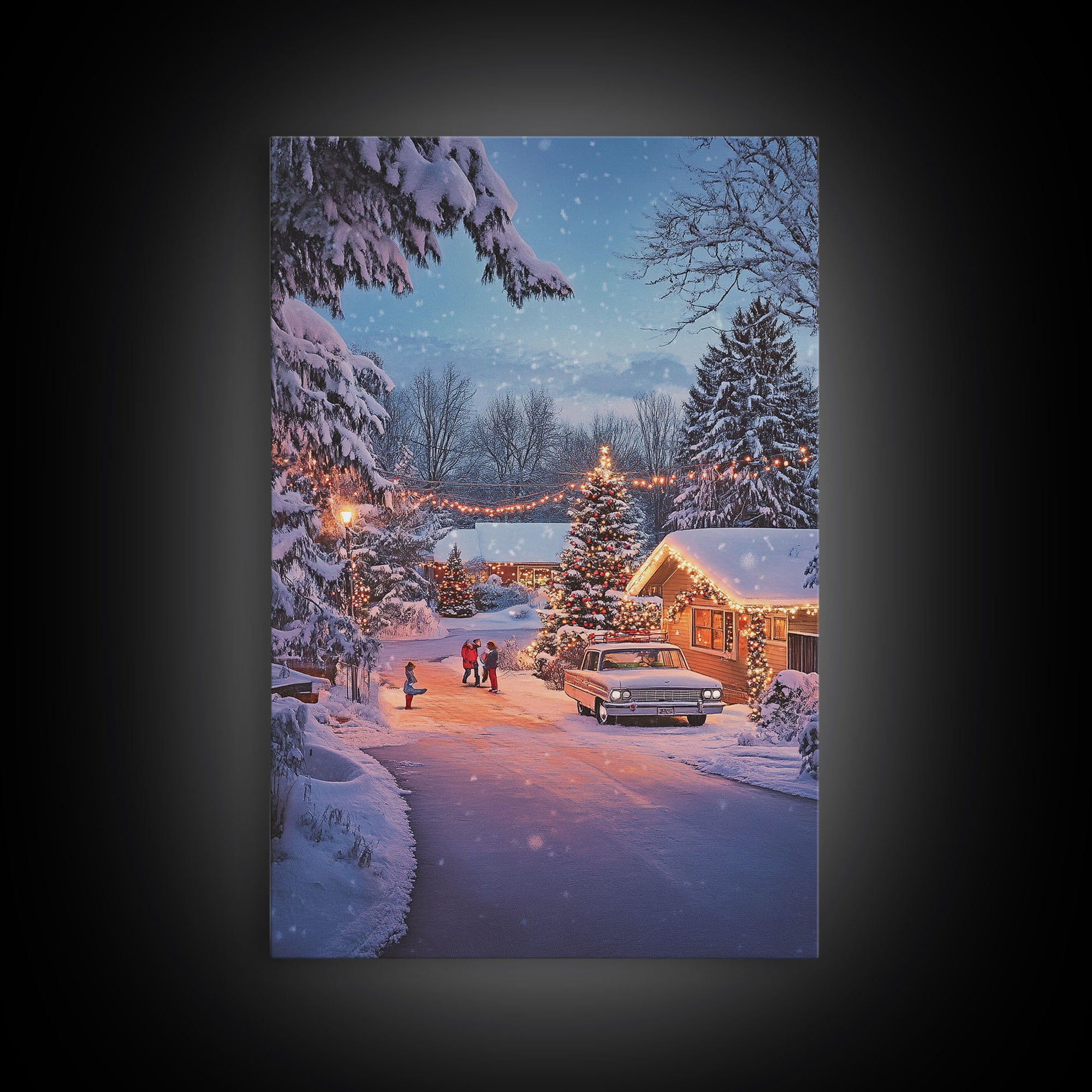 Classic Winter Christmas Neighborhood Framed Canvas Print Tall Art With Lights And Christmas Tree, Holiday Wall Art Home Decor