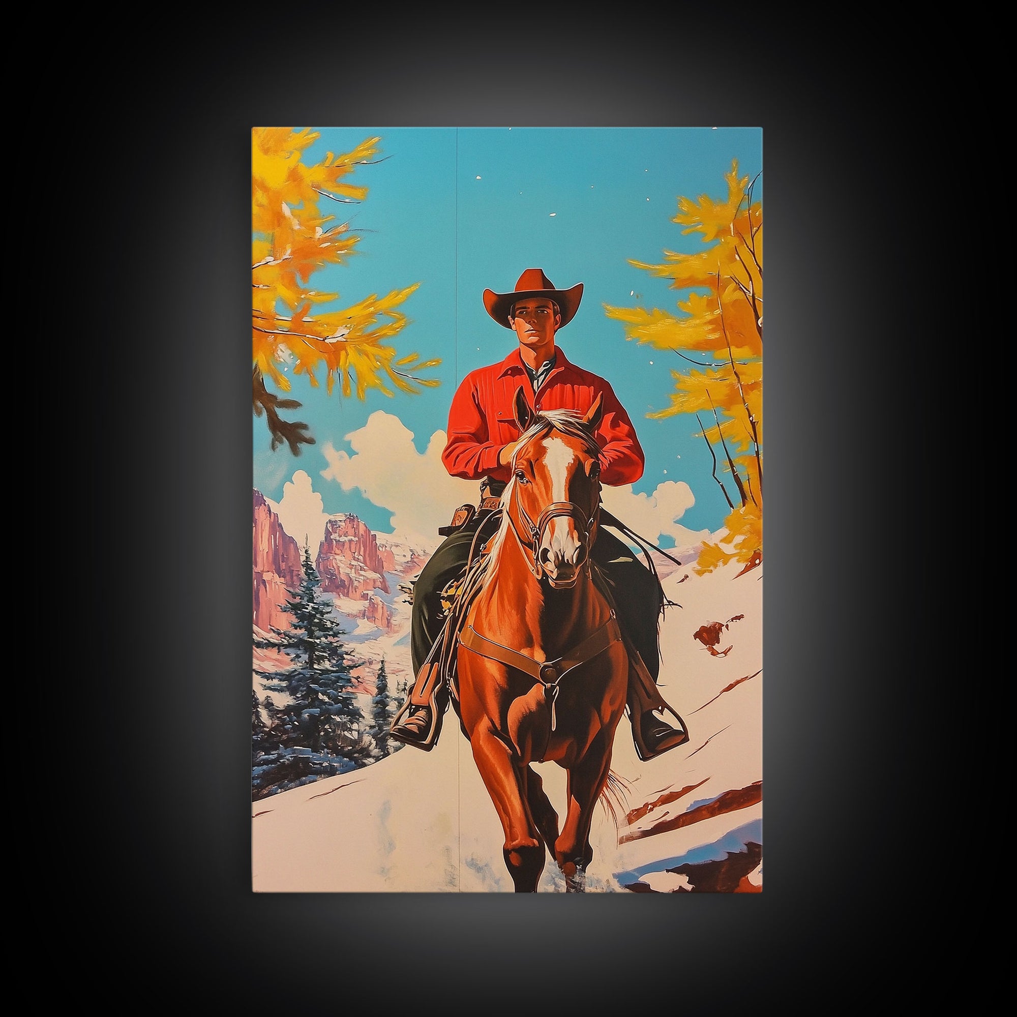 Western Cowboy on Horseback in Snowy Winter Landscape Canvas Print Vintage Christmas Wall Decor Winter Wonderland Christmas Gift Wall Art