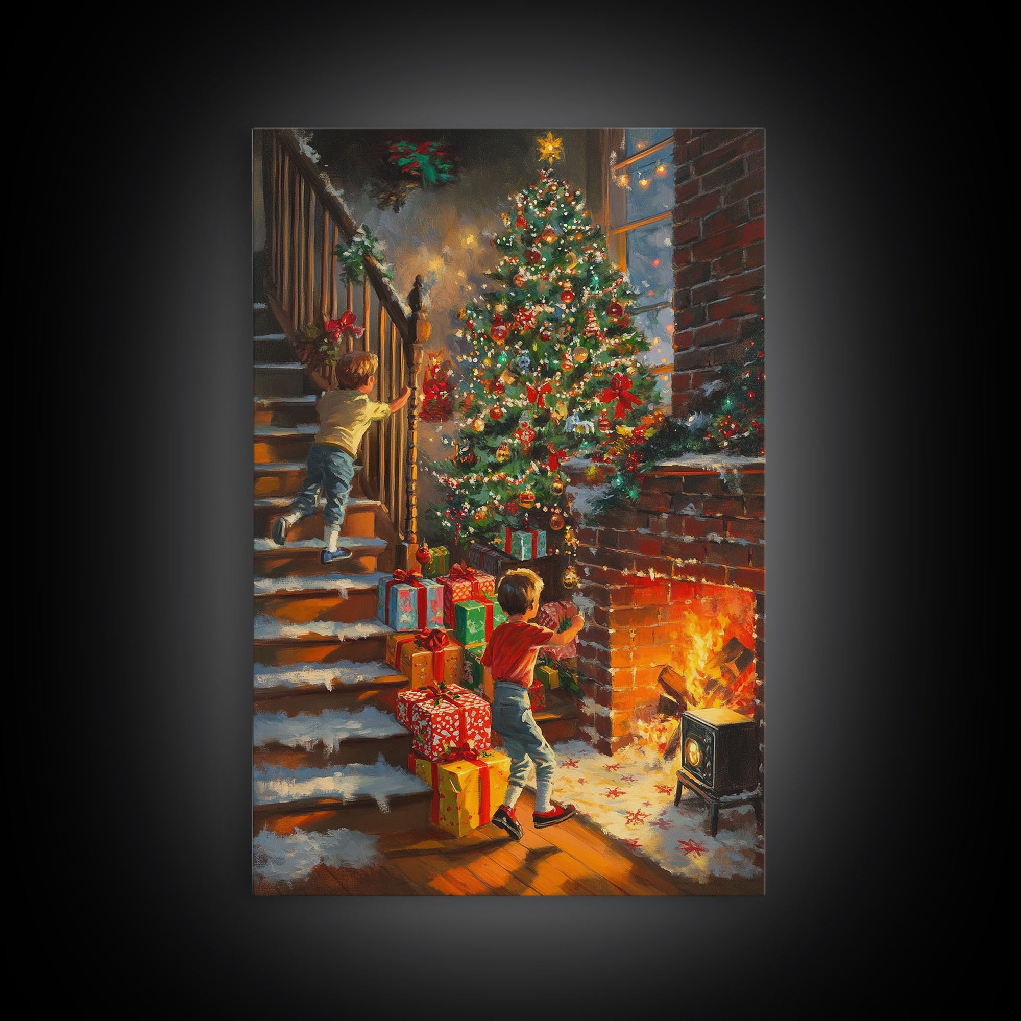 Children Hanging Stockings By The Fireplace Framed Canvas Print Tall Art With Christmas Tree, Nostalgic Christmas Wall Art Holiday Decor