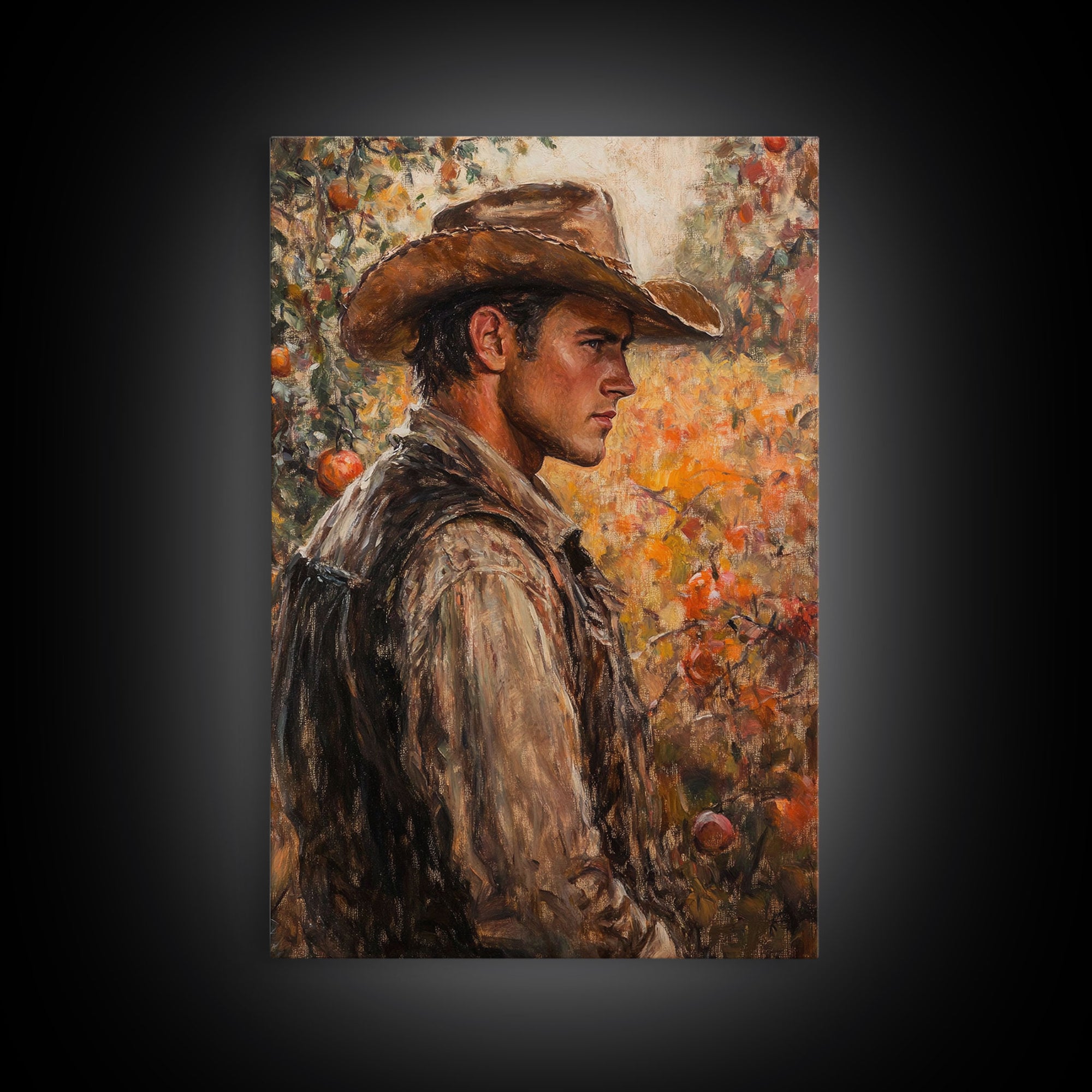 Thoughtful Cowboy in Orchard Canvas Print with Fall Colors, Rustic Western Art, Autumn Decor Gift, Vintage Wall Art, Large Canvas Print