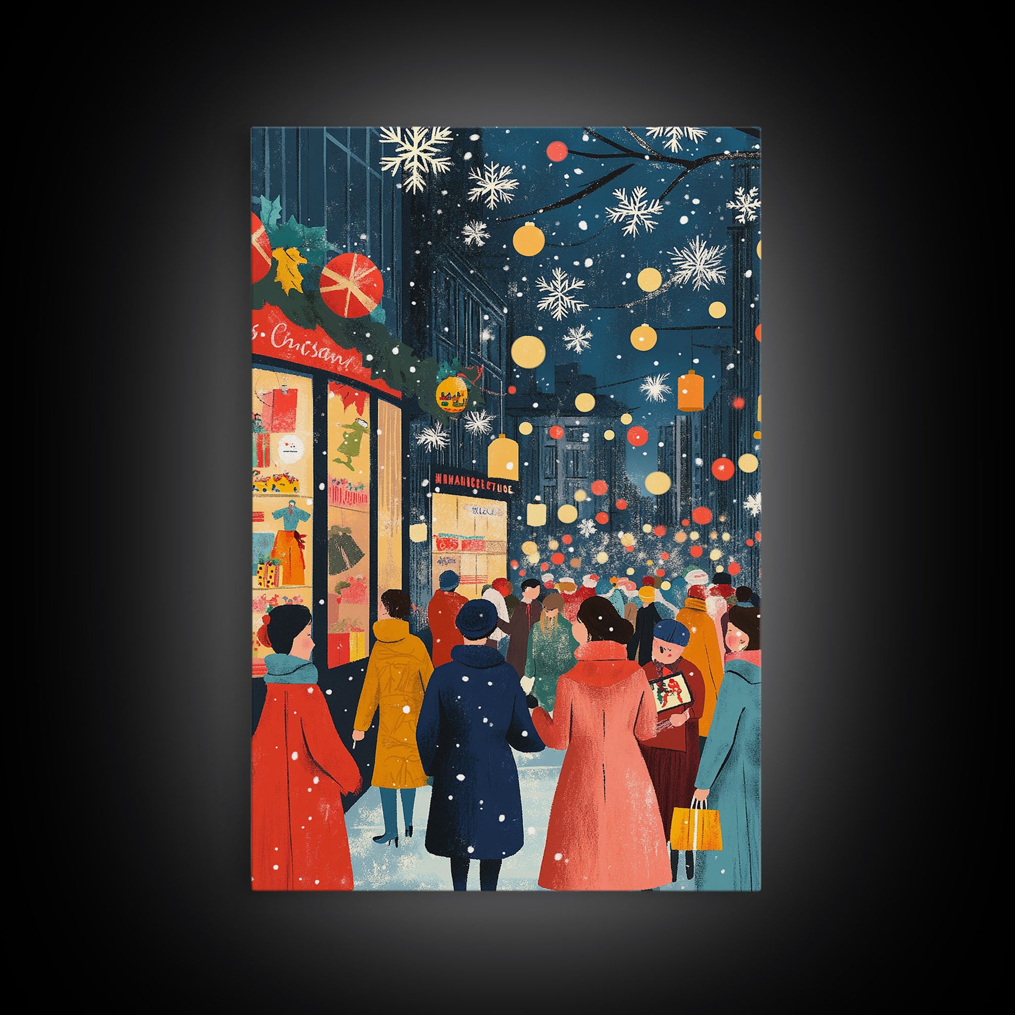 Retro City Christmas Shopping Scene Framed Canvas Print Tall Art With People In Coats And Snow, Vintage Holiday Wall Art Decor