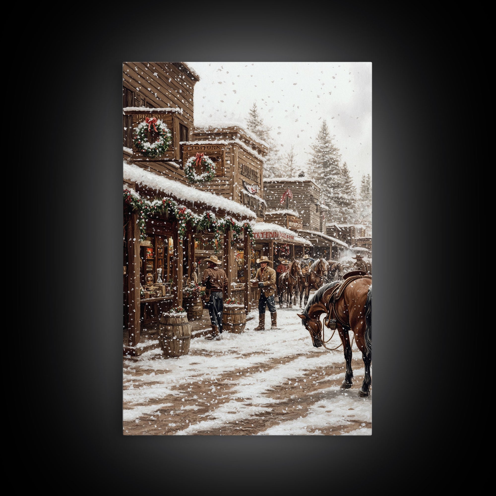 Nostalgic Cowboy Christmas Scene Framed Canvas Print Tall Art With Snowy Western Town, Rustic Wall Art Vintage Christmas Home Decor