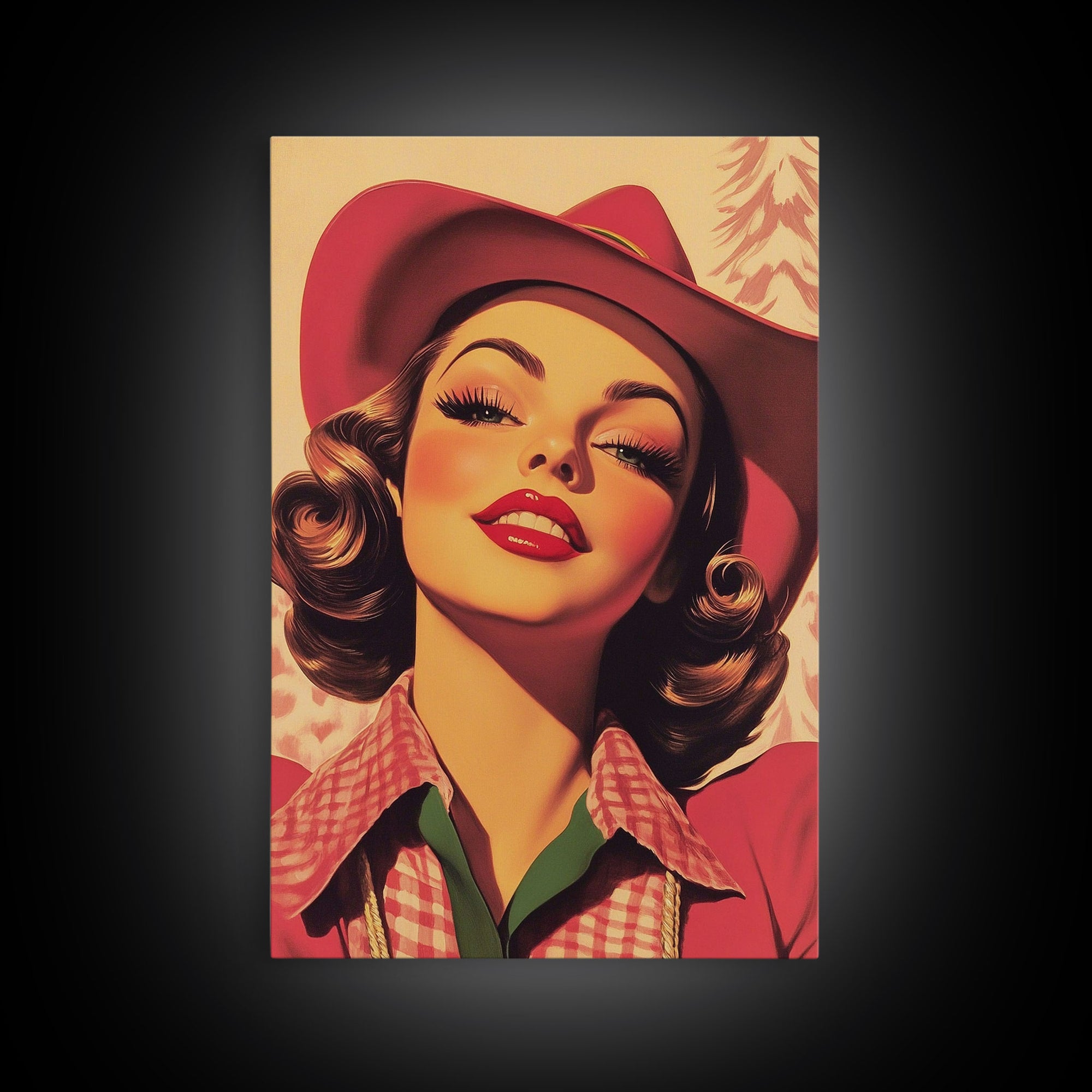 Retro 50s Style Cowgirl Wall Art, Framed Canvas, Vintage Style 50s Art, Fall or Christmas Wall Art