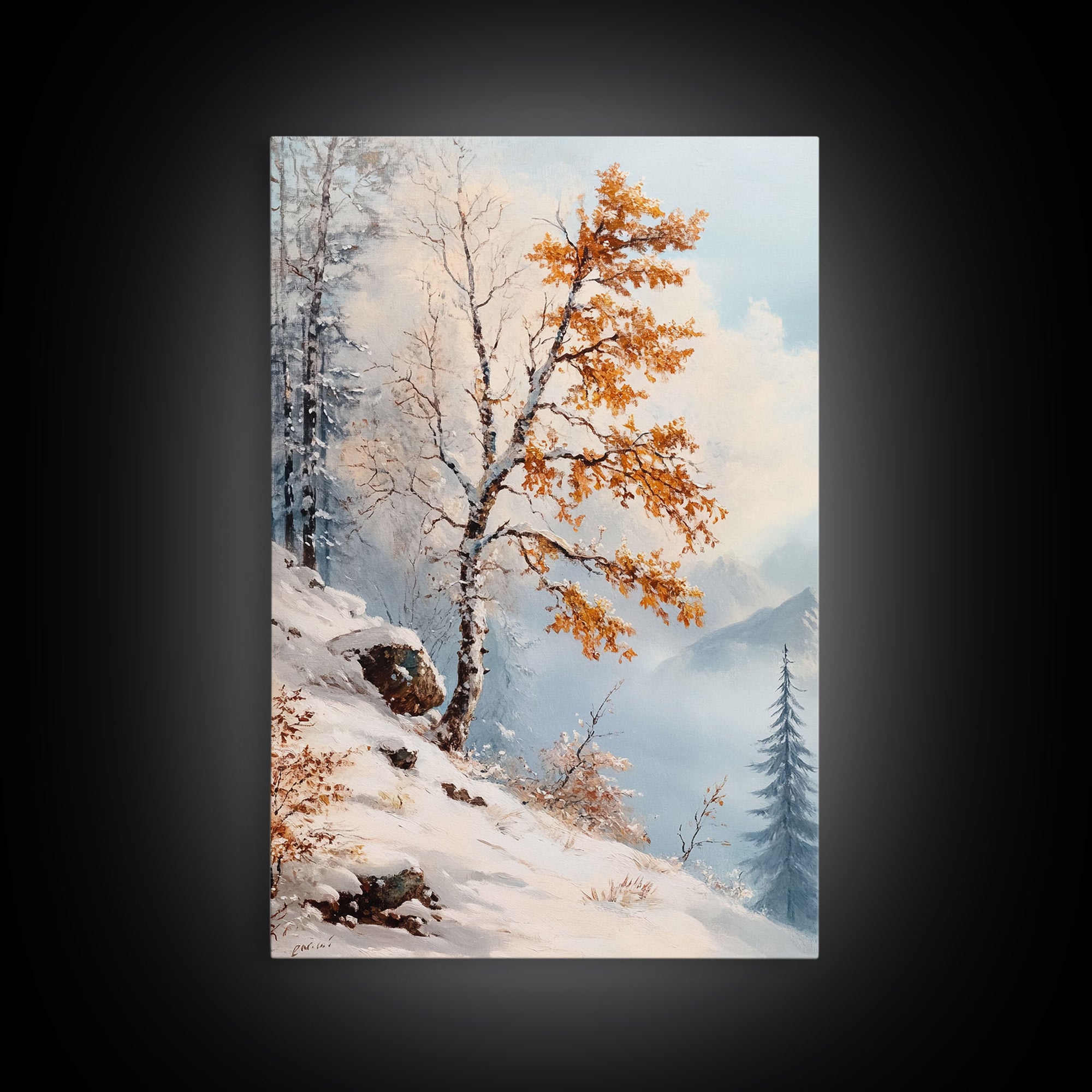 The Tree On The Mountain - Framed Canvas Print - Winter Wonderland Landscape Painting - Tall Christmas Decor