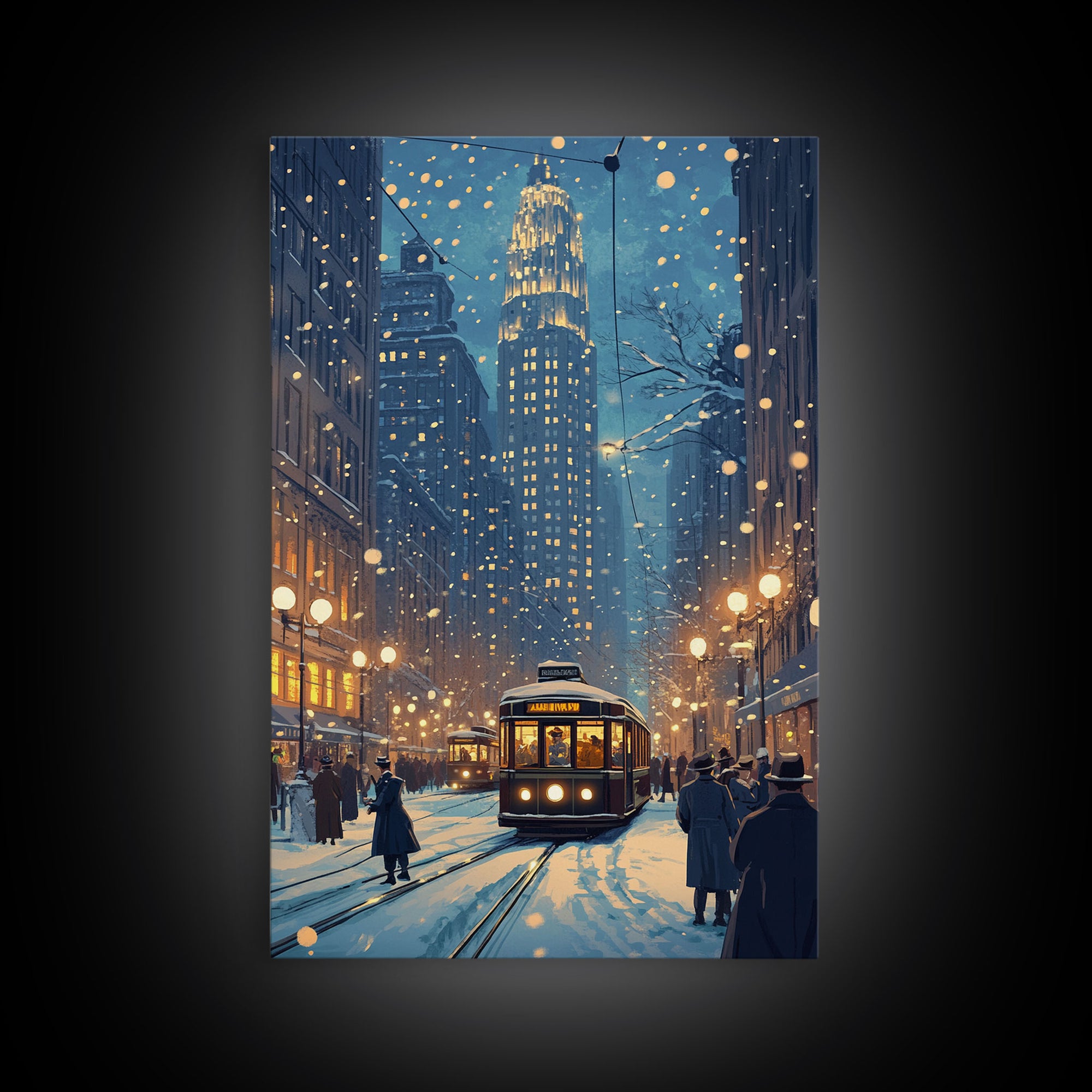 Snowy Winter City Scene Holiday Lights Framed Canvas Print Christmas Wall Art Urban Christmas Decor Holiday Gift Christmas Tree Art Gift