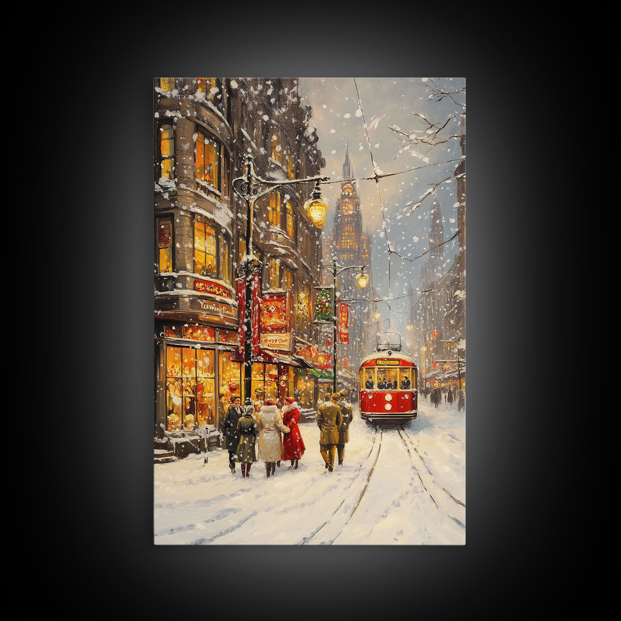 Vintage Snowy Christmas Street Scene With Trolley Framed Canvas Print Holiday Wall Art Retro Christmas Decor Christmas Tree Art Gift Idea