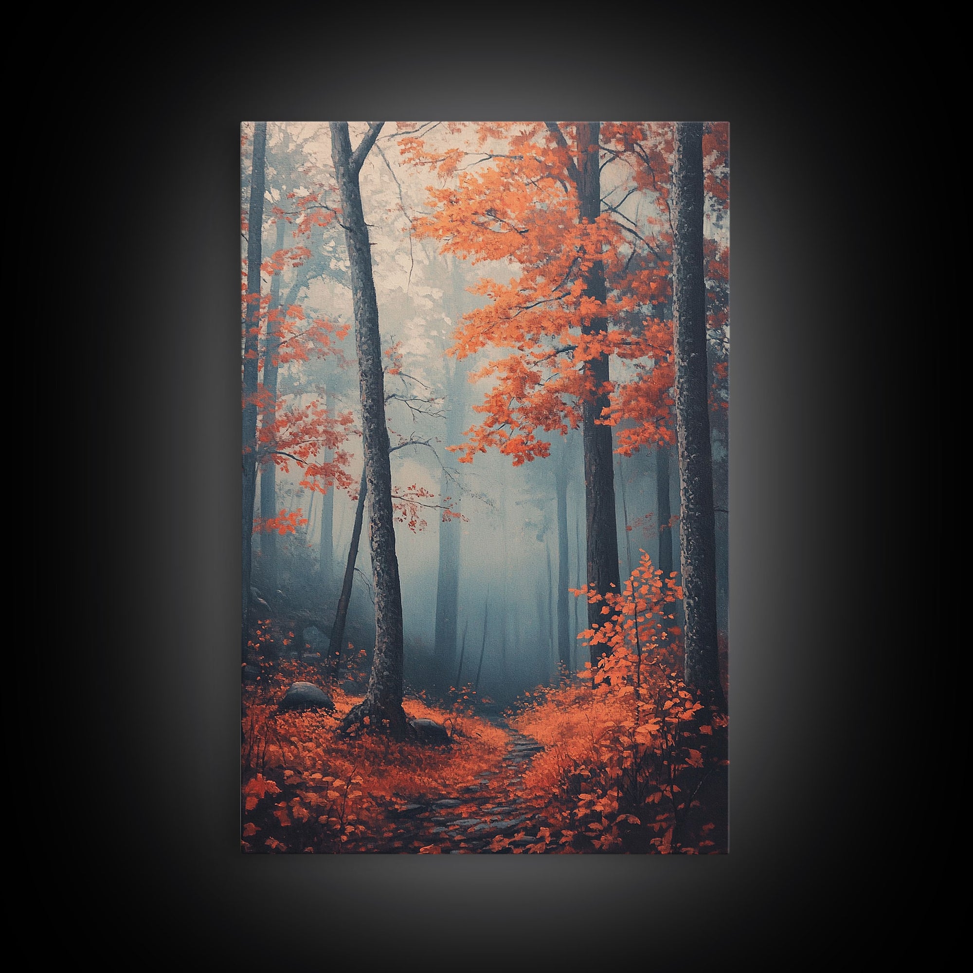 Framed Canvas Print of Misty Autumn Forest with Vibrant Red Leaves, Seasonal Wall Art, Modern Farmhouse, Gift Idea, Fall Landscape Art