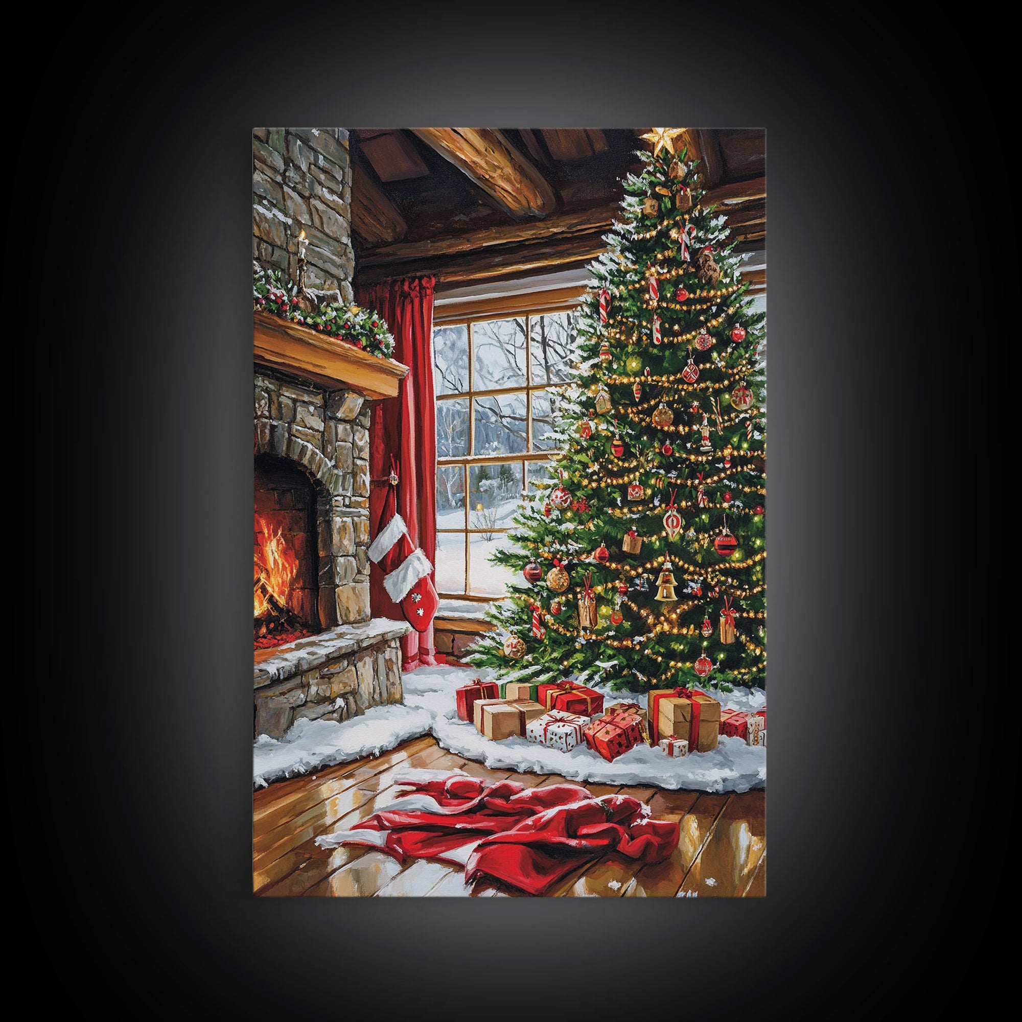 Cozy Cabin Fireplace With Christmas Tree Framed Canvas Print Christmas Wall Art Farmhouse Christmas Decor Holiday Gift Christmas Tree Art