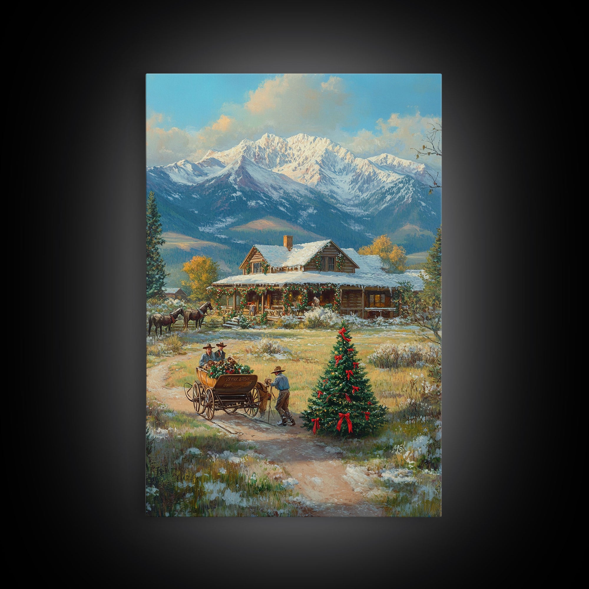 Snowy Mountain Cabin Christmas Tree Scene Framed Canvas Print Christmas Wall Art Holiday Decor Christmas Tree Art Winter Landscape Gift Idea