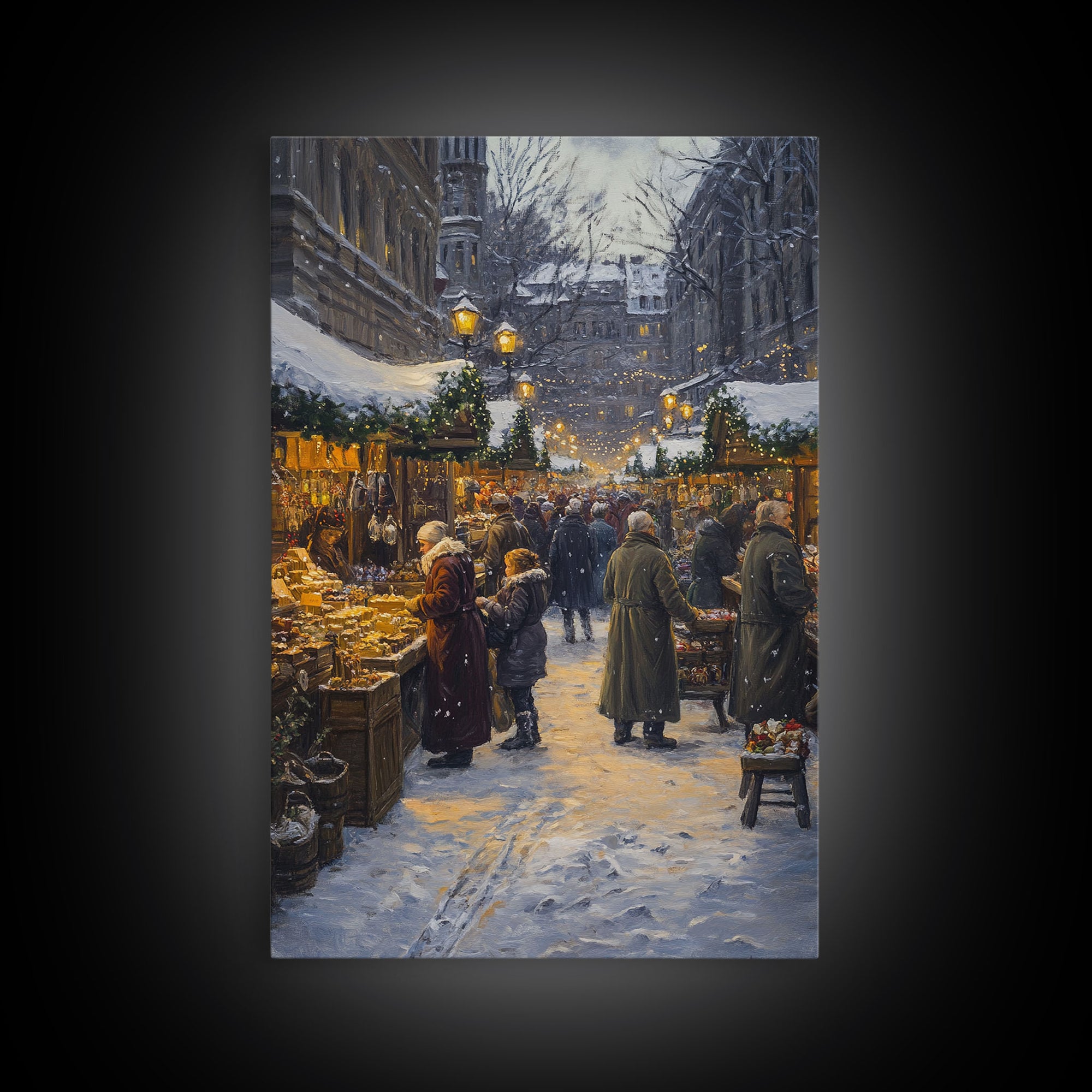 Snowy Christmas Market Scene Framed Canvas Print Christmas Wall Art Holiday Decor Christmas Tree Art Vintage Christmas Holiday Gift Idea