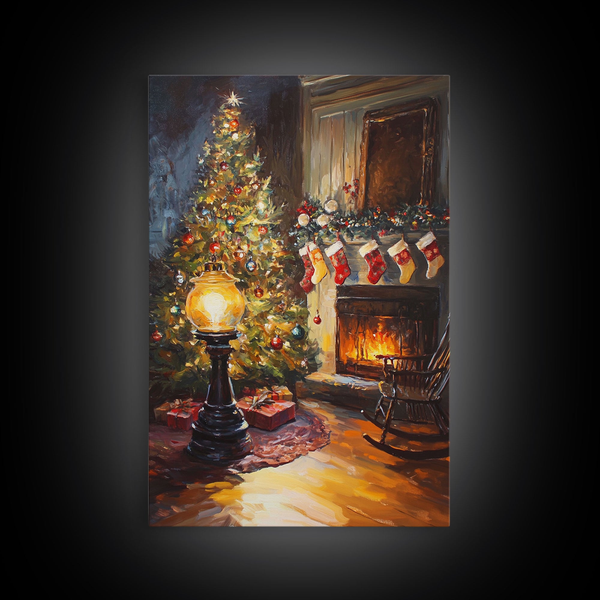 Vintage Christmas Tree And Fireplace Scene Framed Canvas Print Warm Holiday Decor With Stockings And Glowing Lights Christmas Wall Art