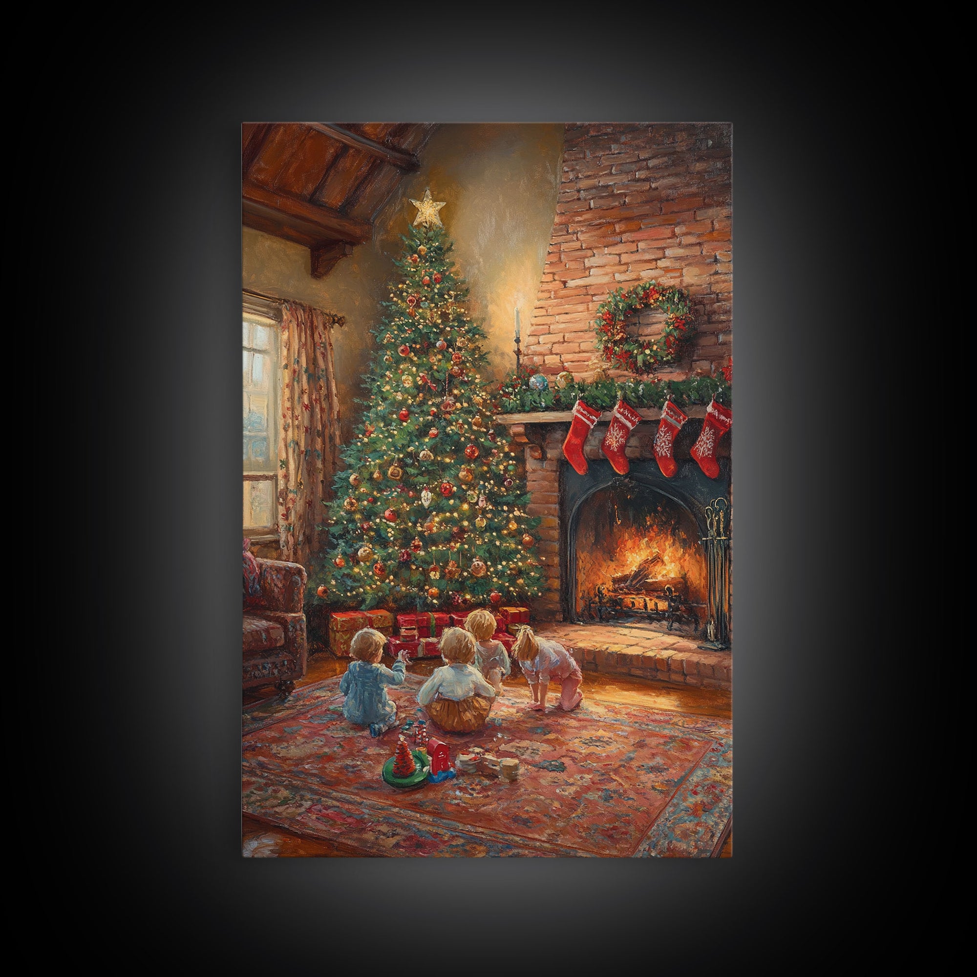 Children By Fireplace And Christmas Tree Framed Canvas Print Cozy Holiday Home Decor With Warm Fire And Festive Decorations Christmas Art