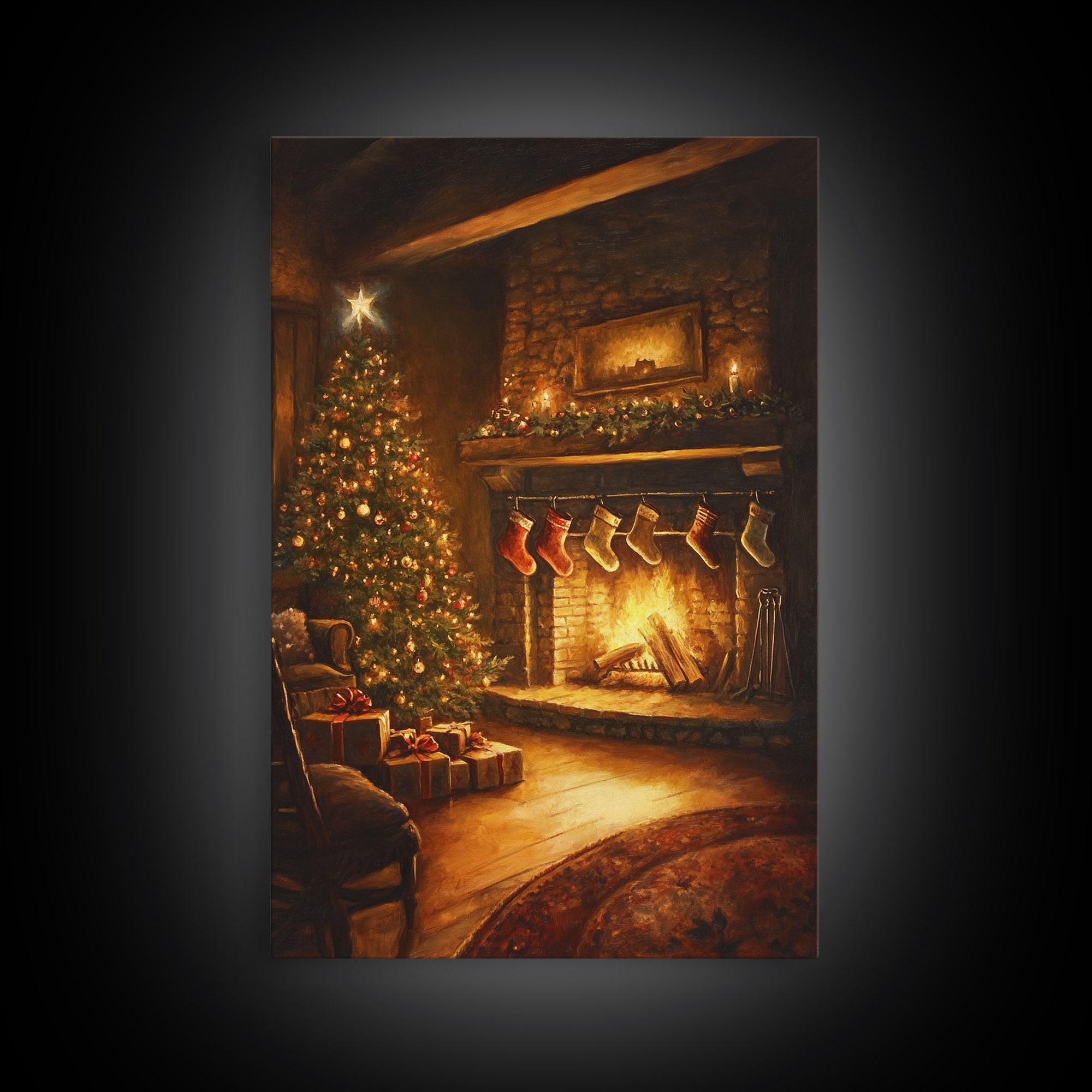 Rustic Cabin Fireplace With Christmas Tree Framed Canvas Print Warm Holiday Decor With Stockings And Christmas Lights Christmas Wall Art