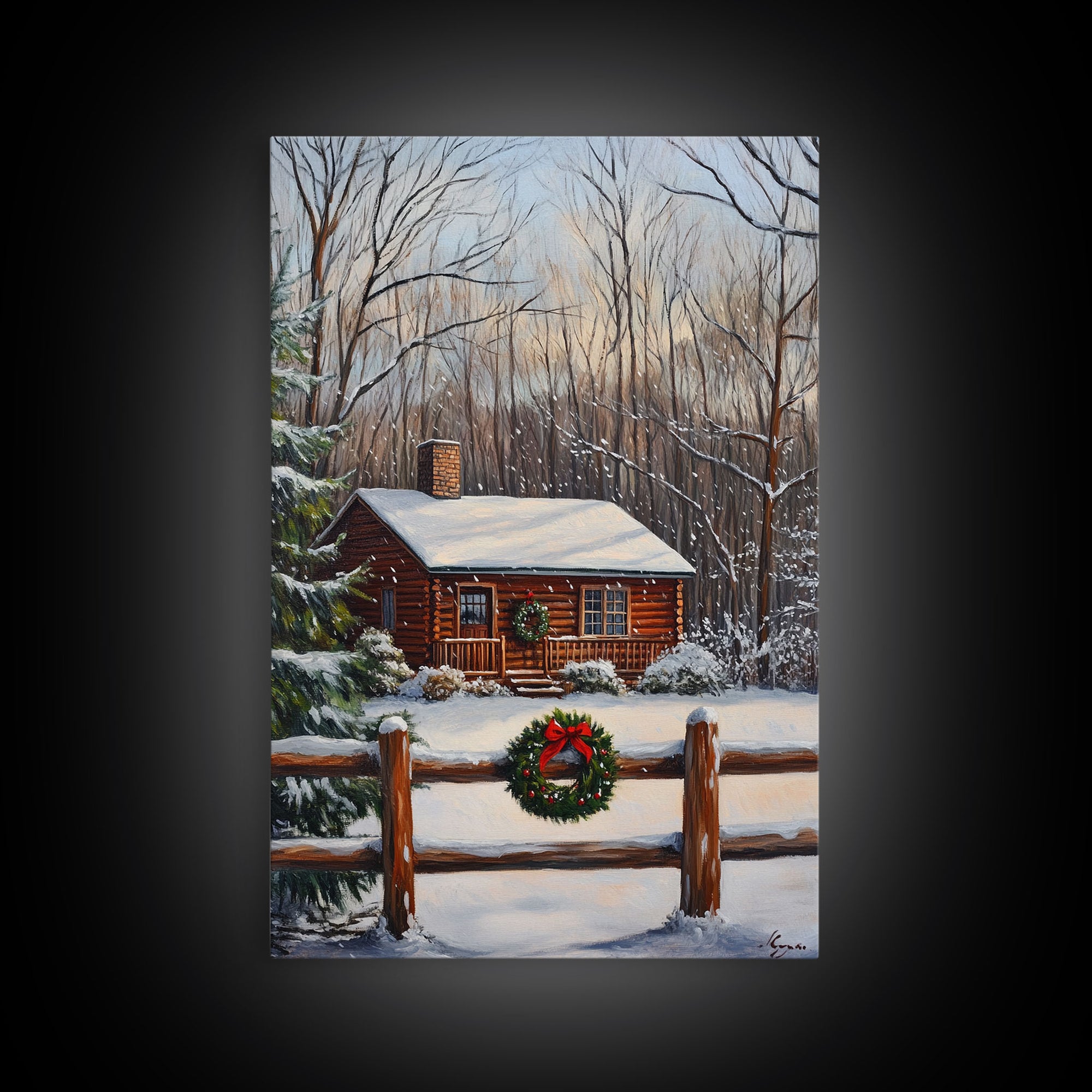 Snowy Log Cabin With Wreath And Fence Framed Canvas Print Rustic Winter Scene With Cozy Cabin In Snow Perfect Christmas Home Decor Wall Art