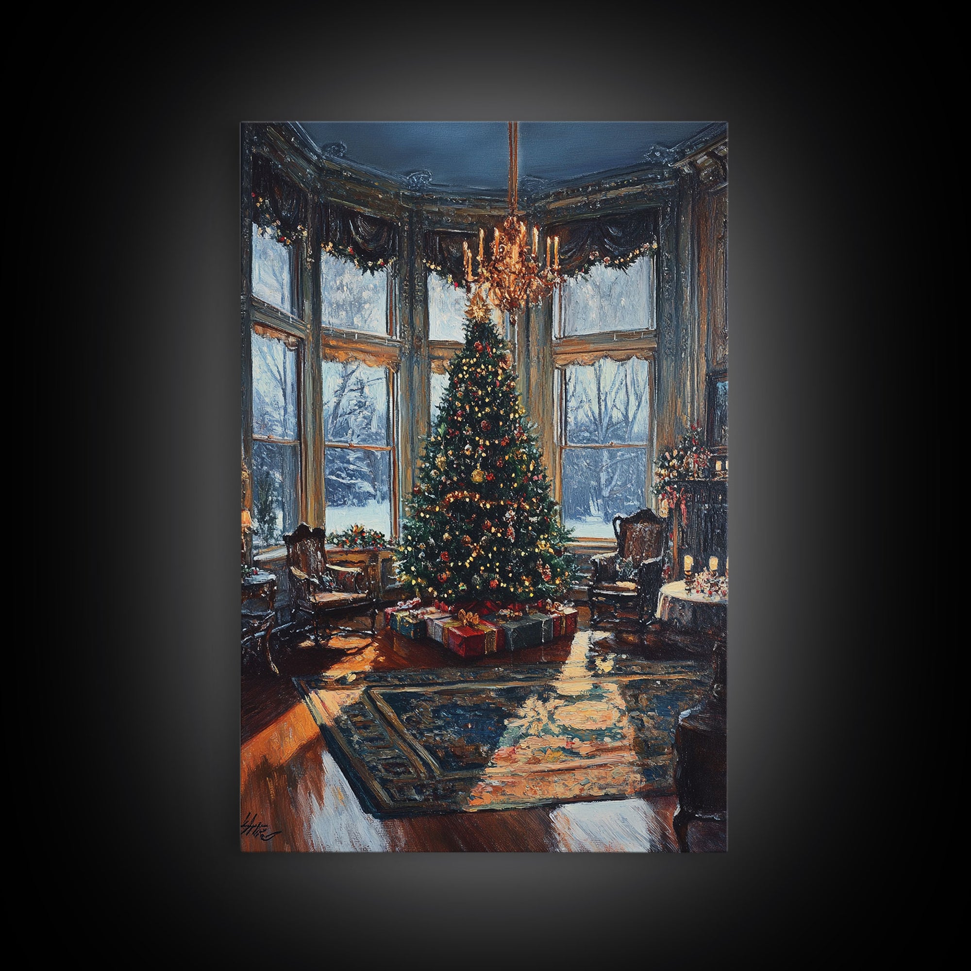 Grand Victorian Christmas Tree In Luxury Room Framed Canvas Print Classic Holiday Home Decor With Snowy Window And Festive Lights Wall Art