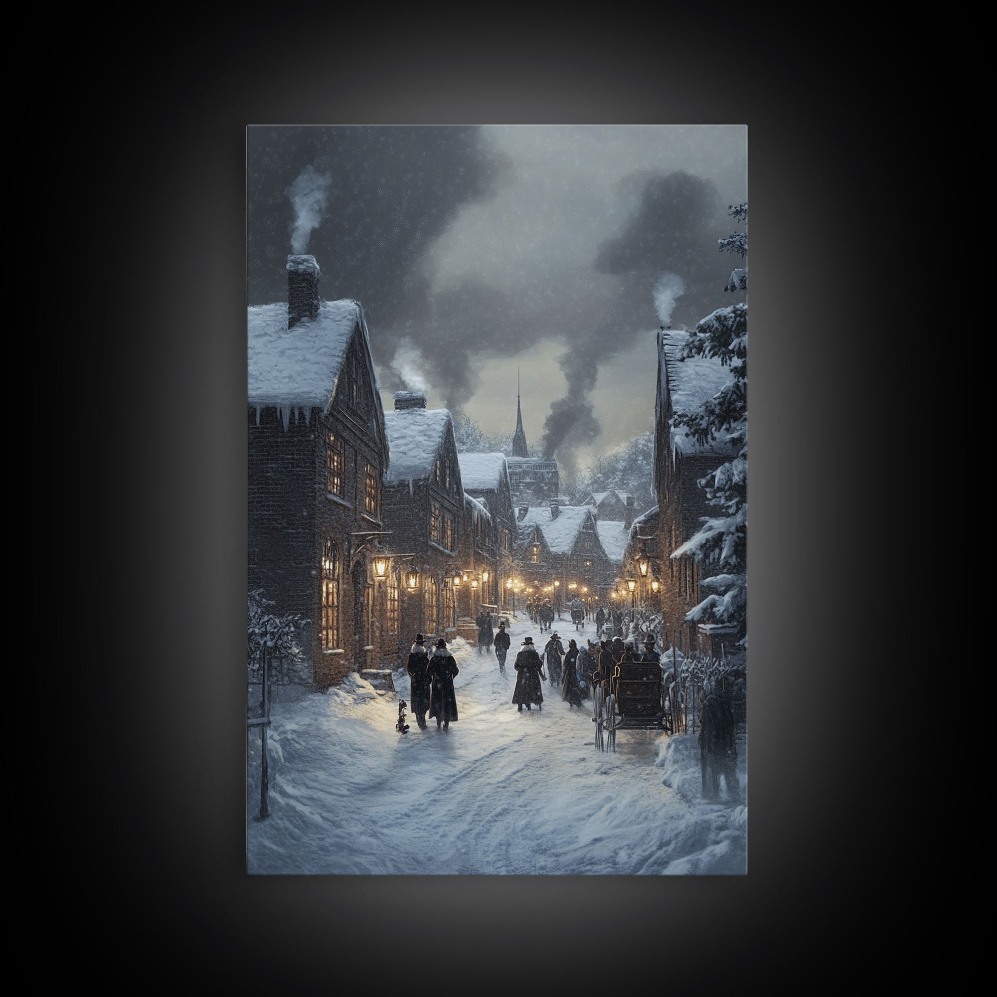 Traditional Victorian Christmas Village in Snow, Classic Christmas Wall Decor for Winter Wonderland Theme, Framed Canvas Print