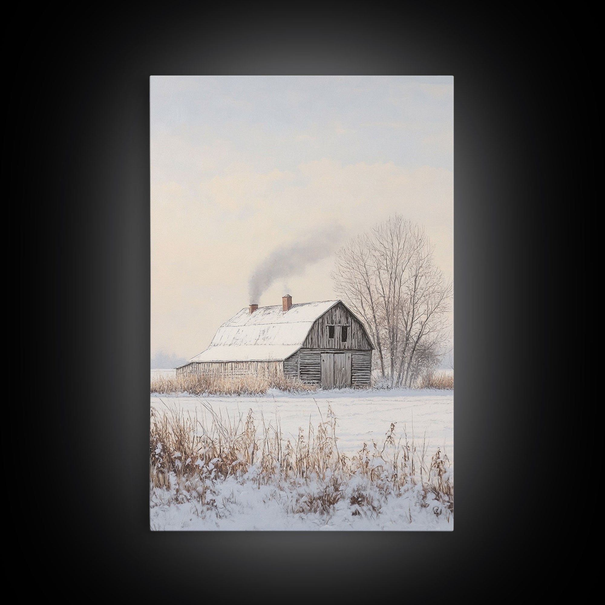 Winter Barn In Snow Framed Canvas Print Wall Art Rustic Winter Decor, Cozy Christmas Home Art, Winter Wonderland Wall Art